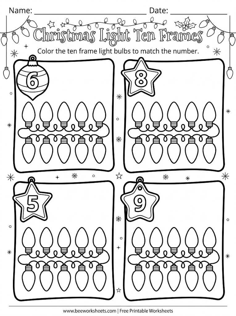 Free Printable Christmas Ten Frame: Color Holiday Lights to Match PDF - Preschool Christmas Math & Ten Frames Practice Worksheet (christmas ten frames)