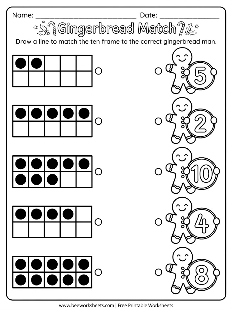 Free Printable Christmas Ten Frame: Gingerbread Line Matching PDF - Preschool Christmas Math & Ten Frames Practice Worksheet (christmas ten frames)