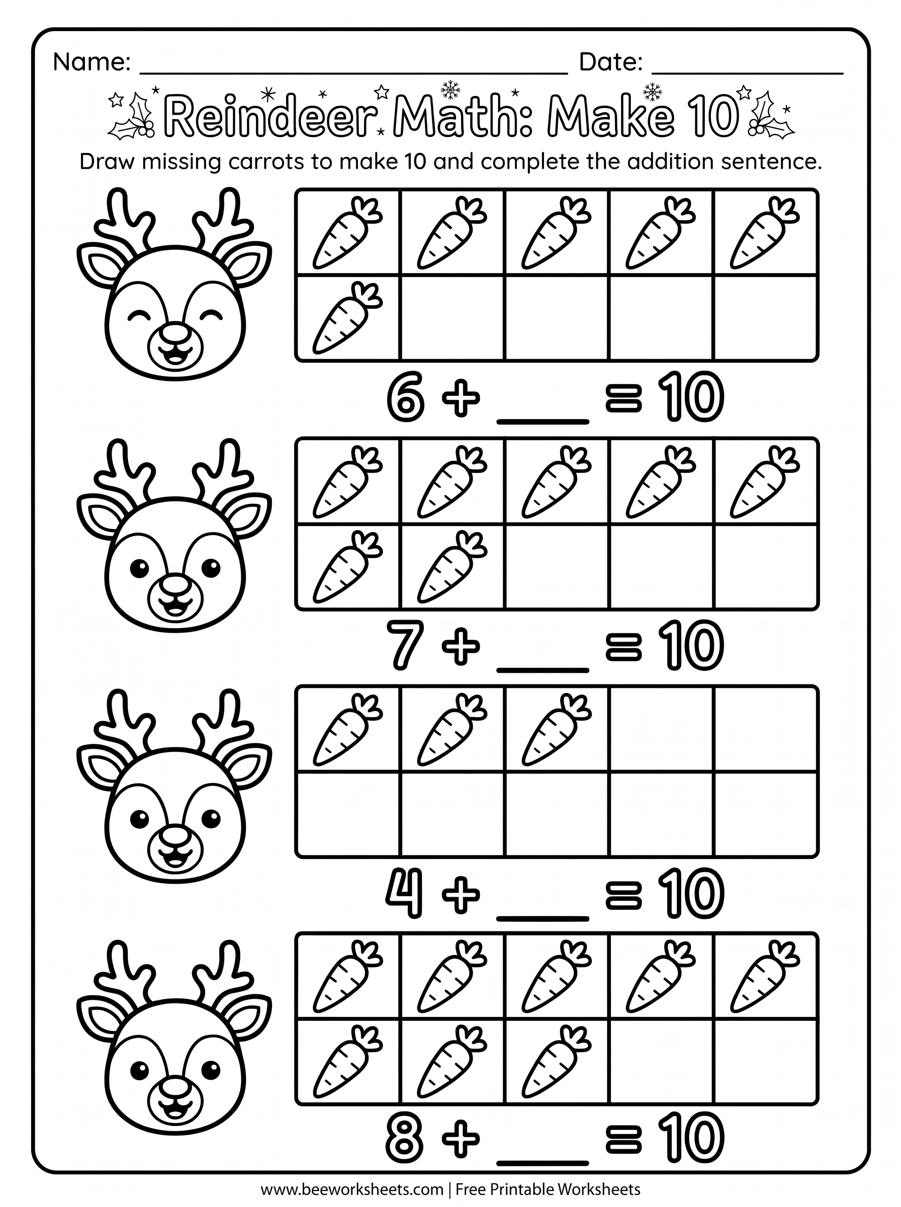 Free Printable Christmas Ten Frame: Reindeer Math Make 10 Addition PDF - Grade 1–3 & Elementary Math Math & Addition Practice Worksheet (christmas ten frames)