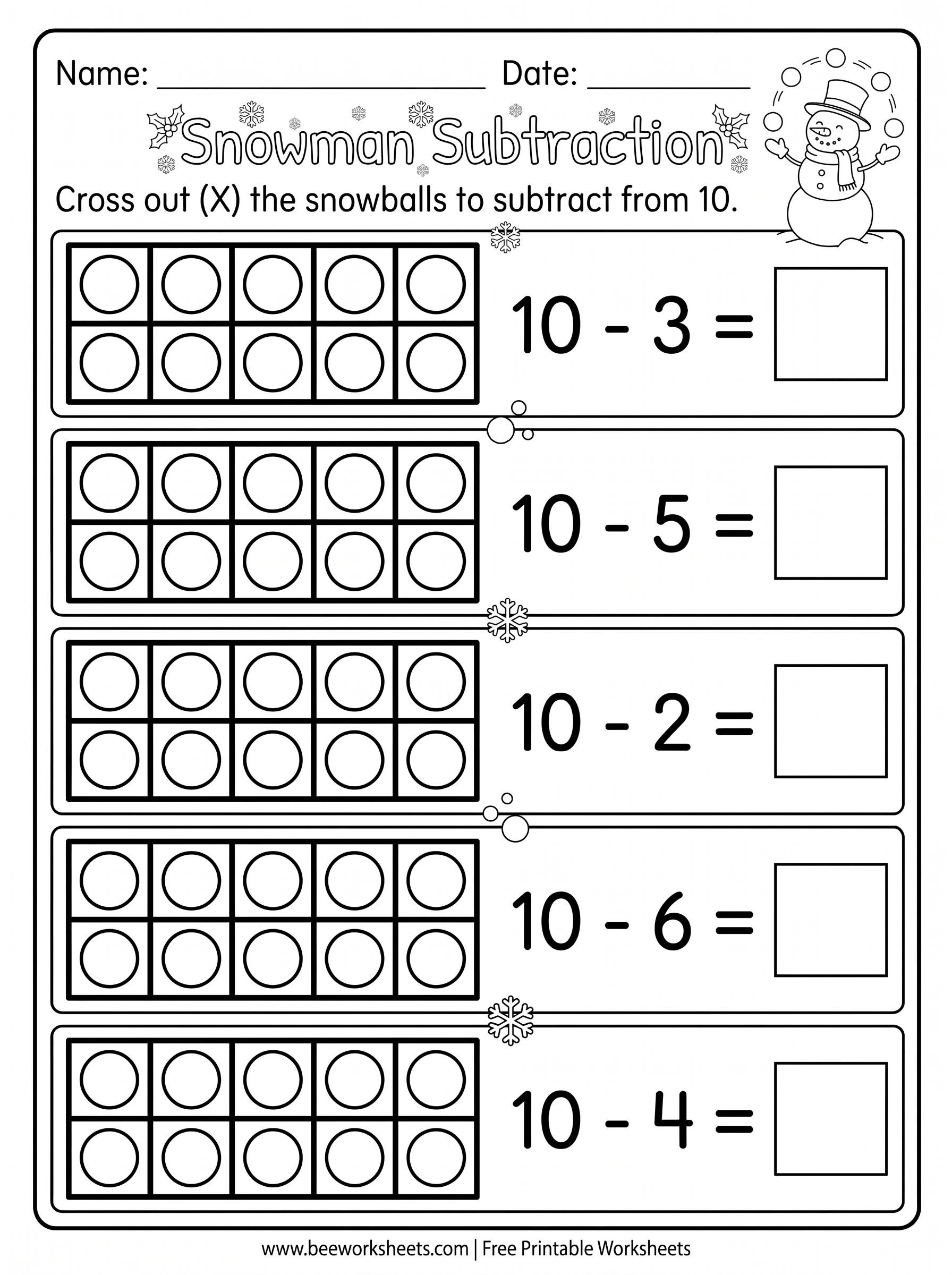 Free Printable Christmas Ten Frame: Snowman Subtraction from 10 PDF - Grade 2–4 & Elementary Math Math & Subtraction Practice Worksheet (christmas ten frames)