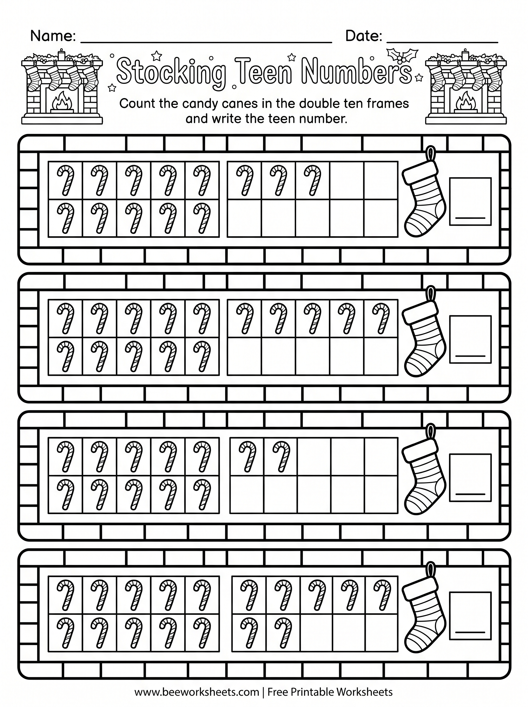 Free Printable Christmas Double Ten Frames: Stocking Teen Numbers (11–20) PDF - Kindergarten Christmas Math & Ten Frames Practice Worksheet (christmas ten frame)