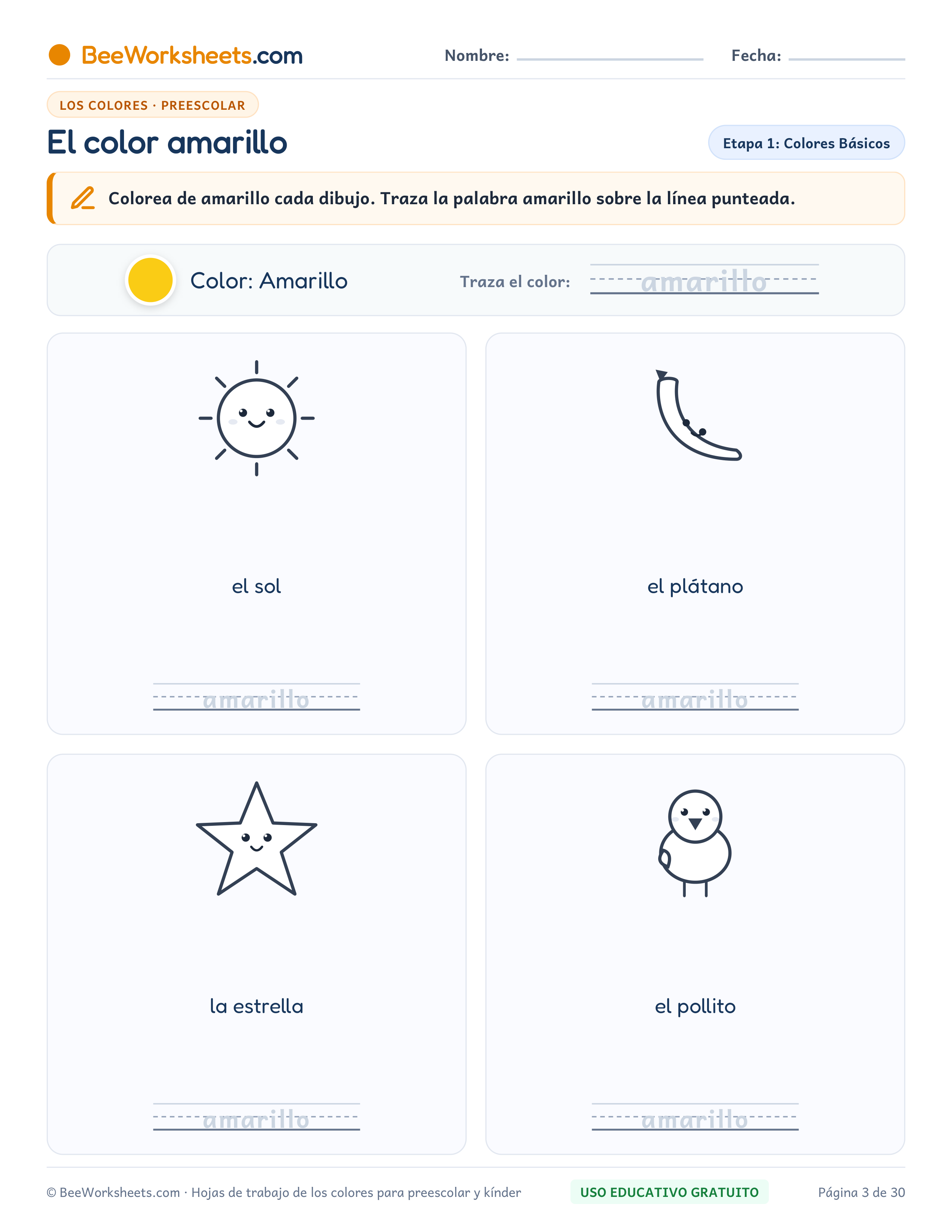 Ficha para colorear y trazar: El Color Amarillo: Ficha de Trazo y Coloreado