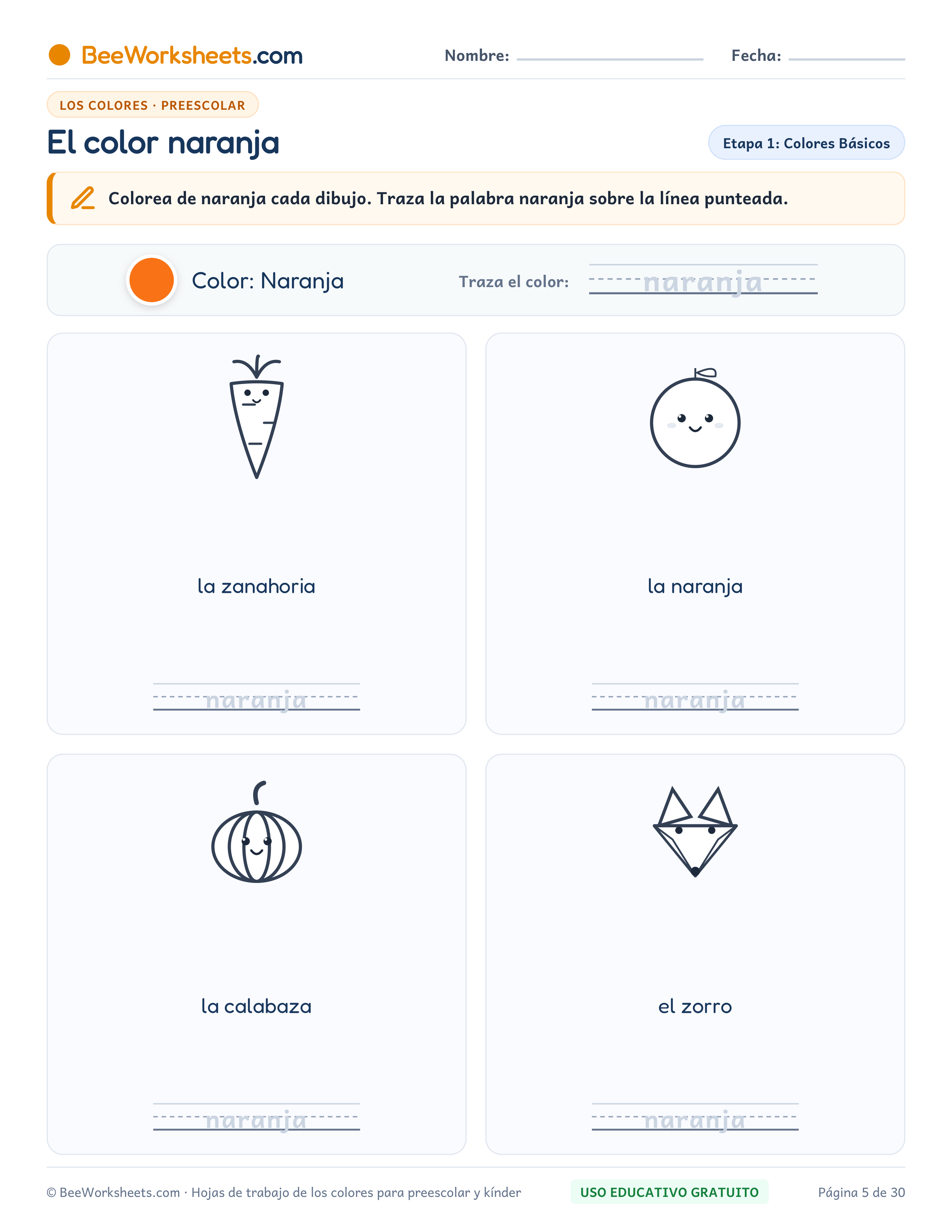 Ficha para colorear y trazar: El Color Naranja: Ficha de Trazo y Coloreado