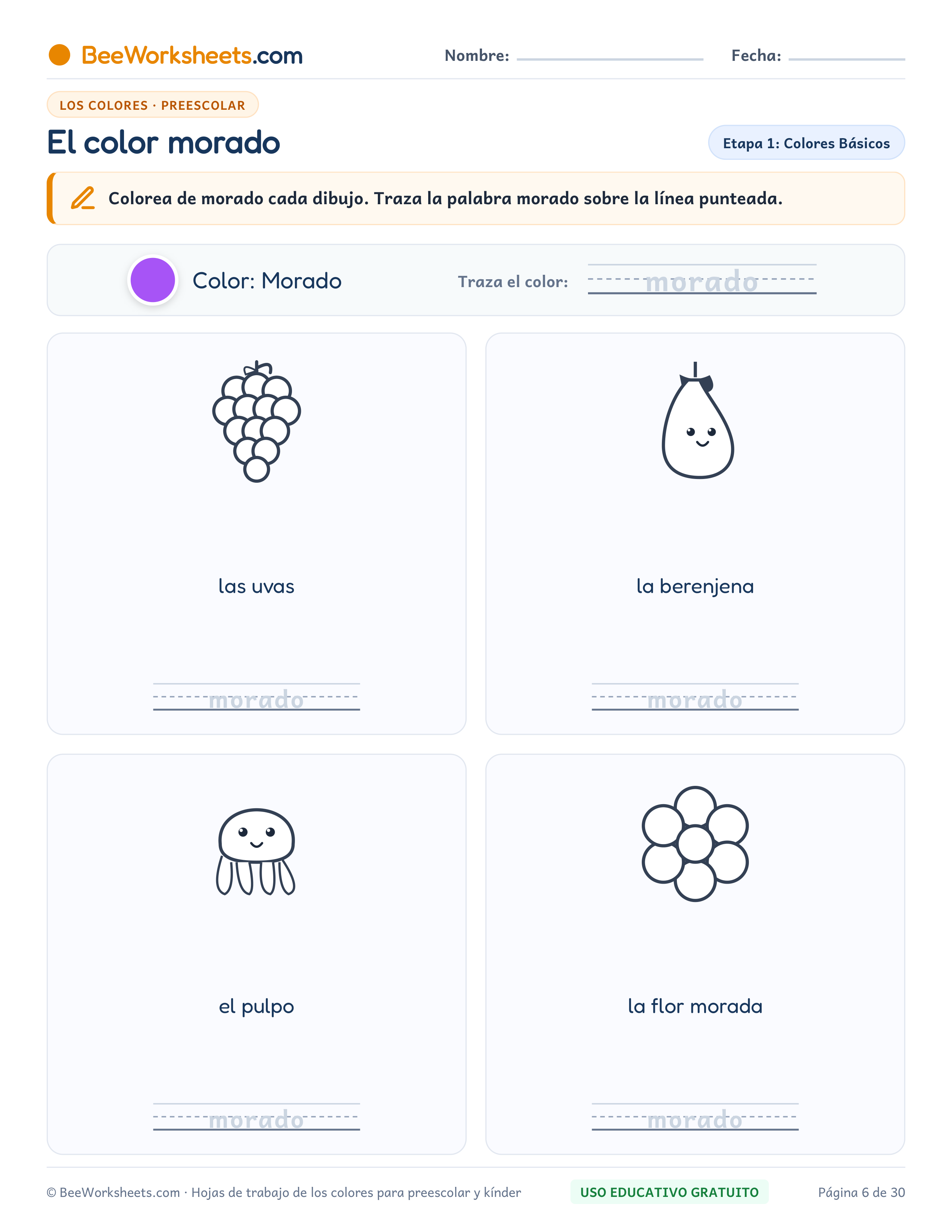 Ficha para colorear y trazar: El Color Morado: Ficha de Trazo y Coloreado