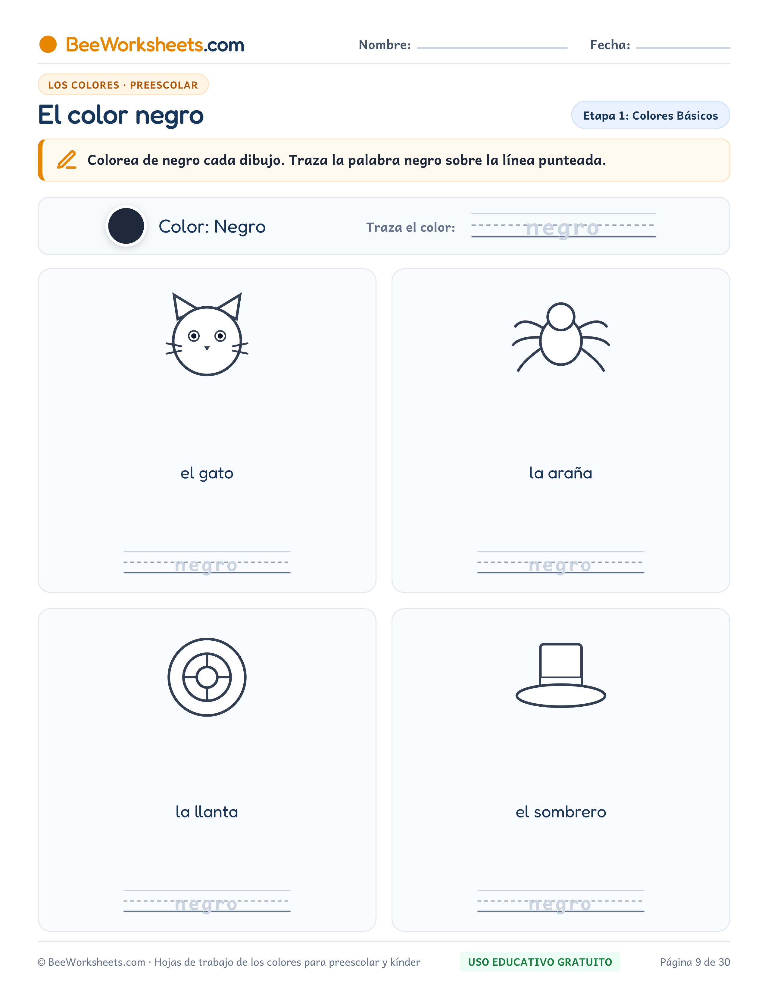 Ficha para colorear y trazar: El Color Negro: Ficha de Trazo y Coloreado