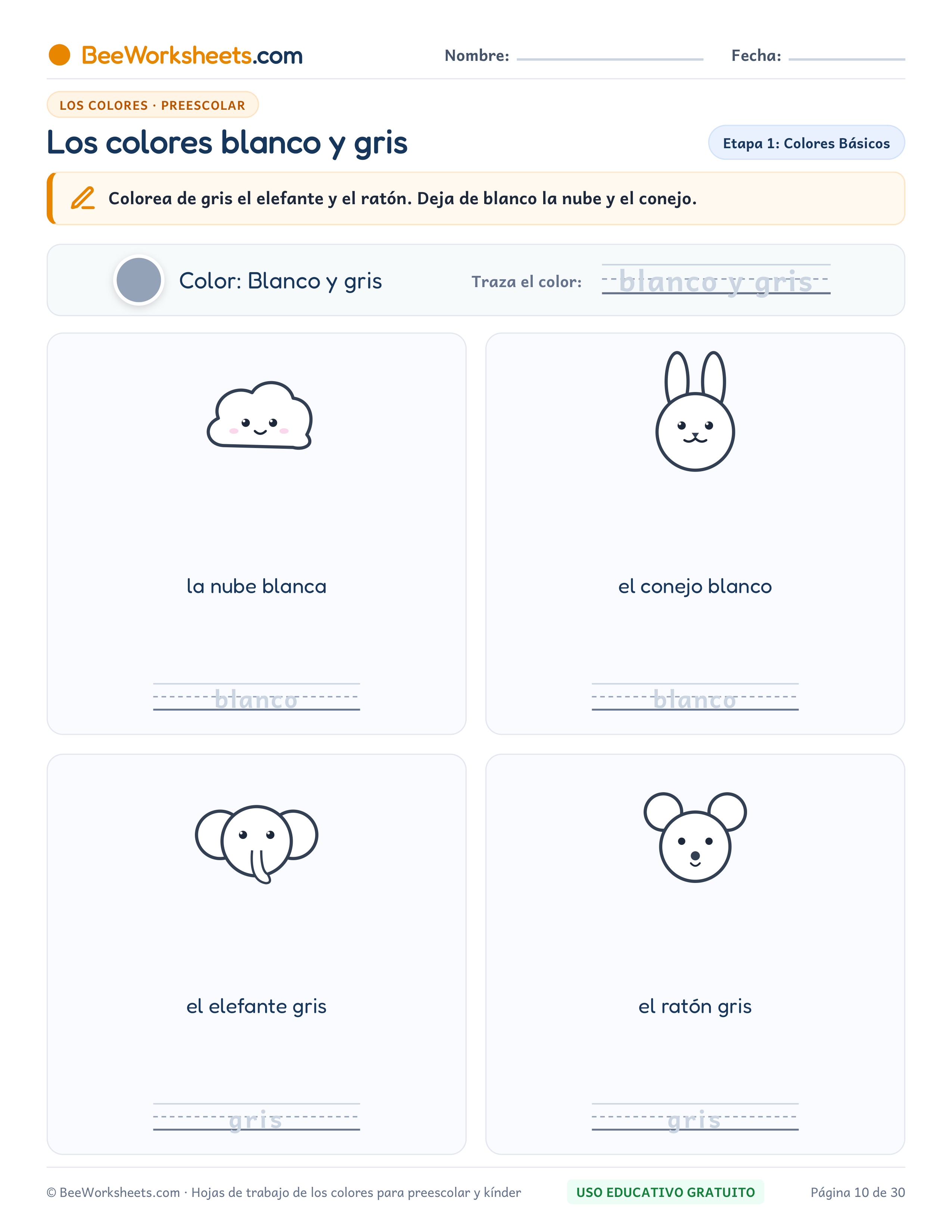 Ficha para colorear y trazar: Los Colores Blanco y Gris: Ficha de Trazo y Coloreado