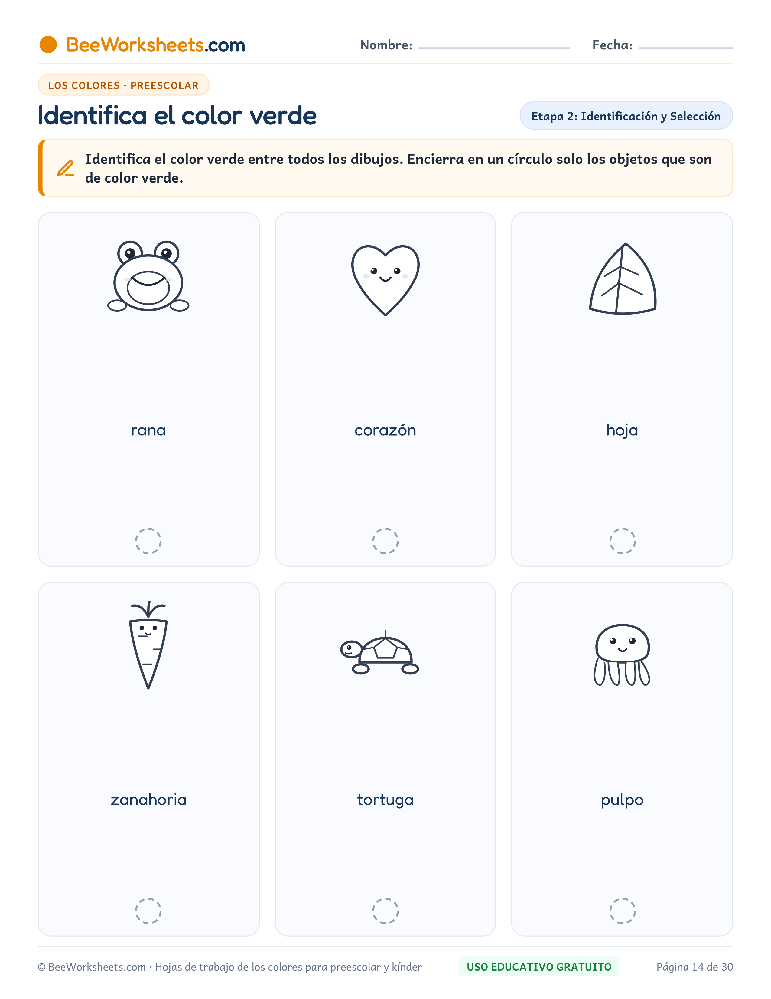 Ficha para colorear y trazar: Identifica el Color Verde: Busca y Colorea