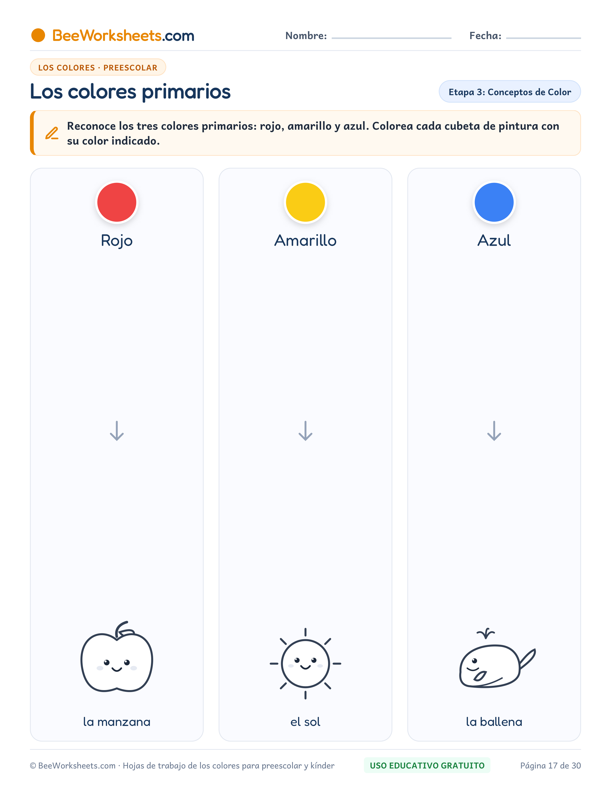 Ficha para colorear y trazar: Los Colores Primarios: Rojo, Azul y Amarillo