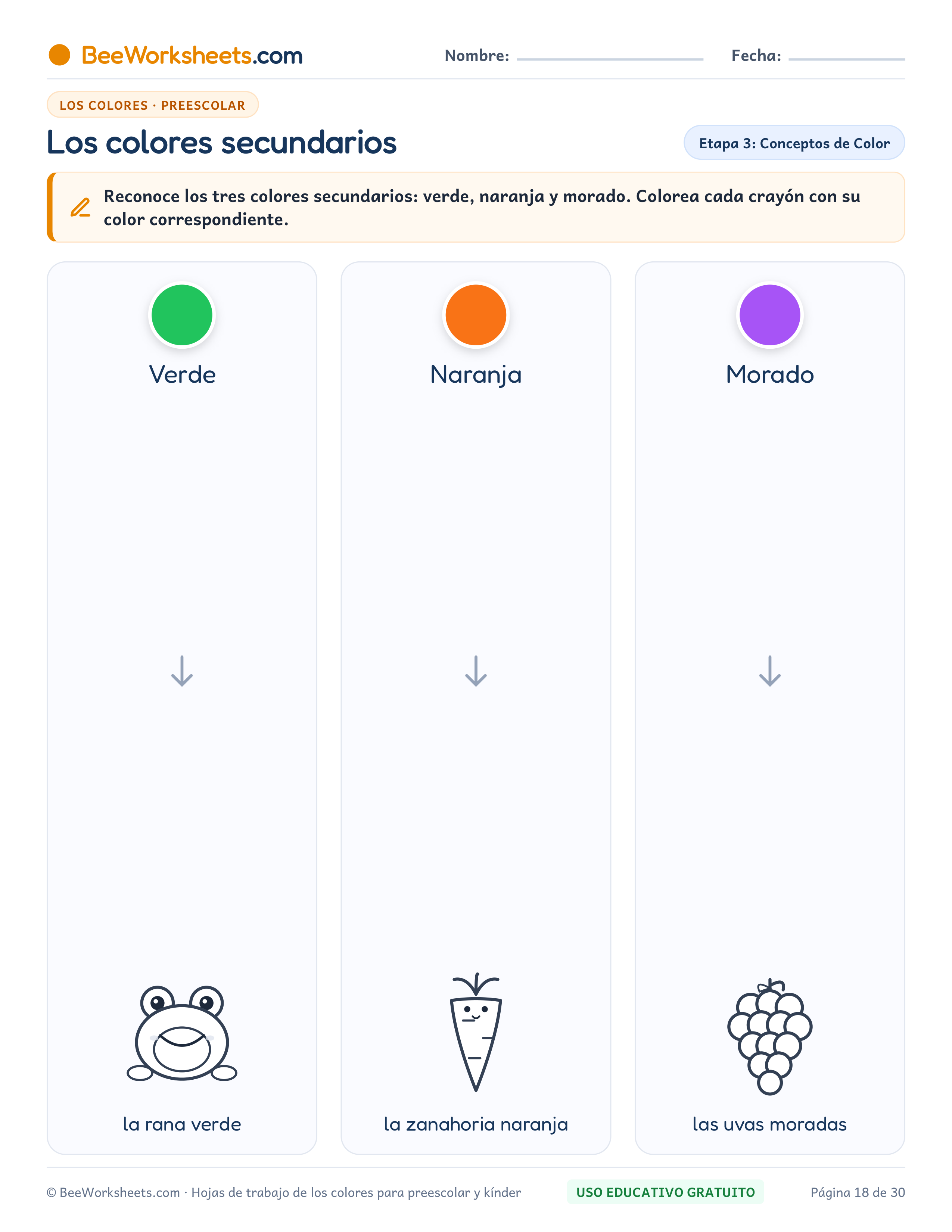 Ficha para colorear y trazar: Los Colores Secundarios: Verde, Naranja y Morado