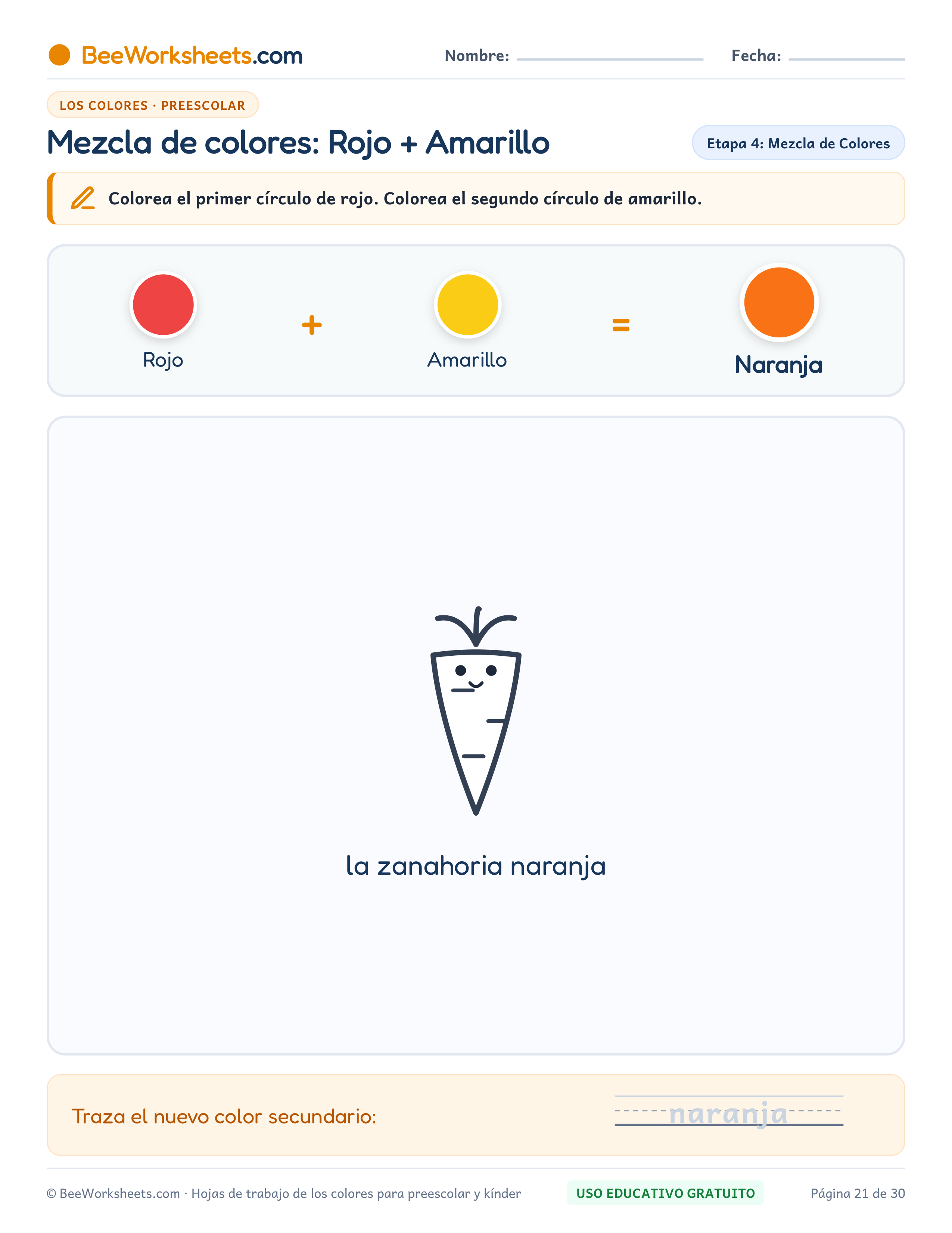 Ficha para colorear y trazar: Mezcla de Colores: Rojo + Amarillo = Naranja