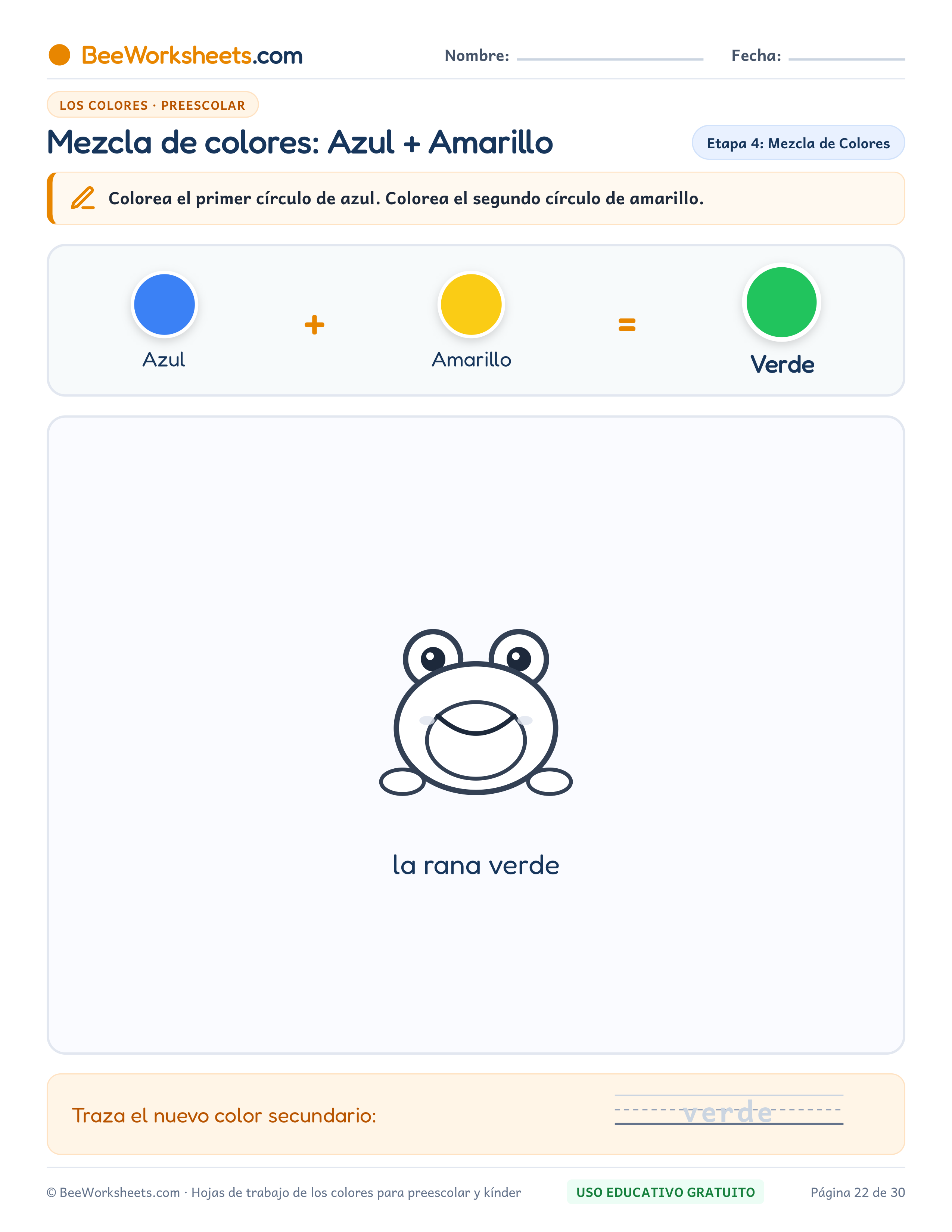 Ficha para colorear y trazar: Mezcla de Colores: Azul + Amarillo = Verde