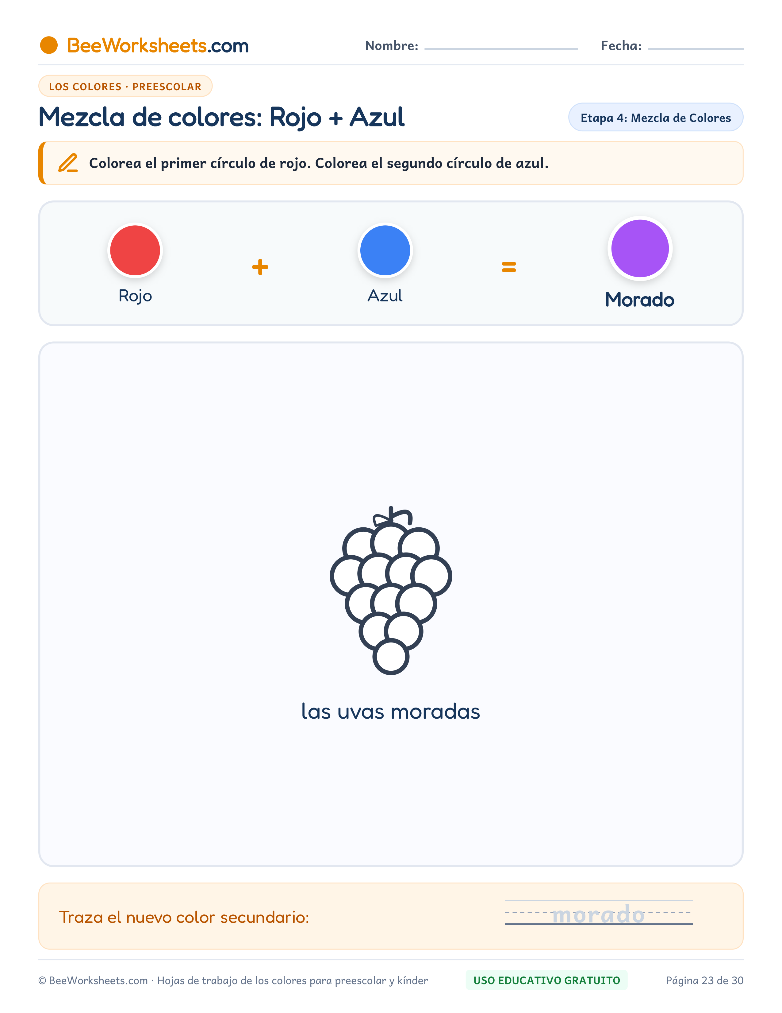 Ficha para colorear y trazar: Mezcla de Colores: Rojo + Azul = Morado