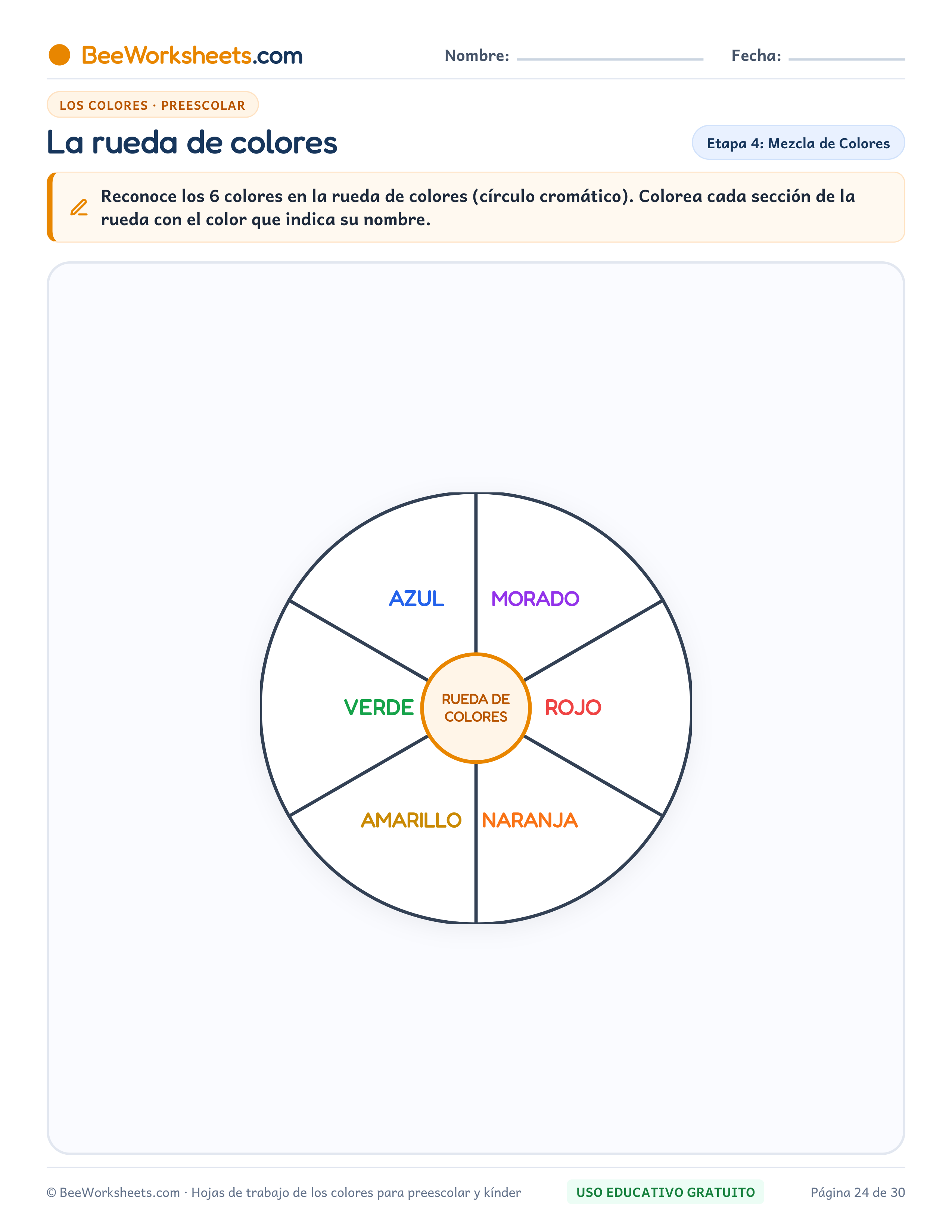 Ficha para colorear y trazar: La Rueda de Colores: Círculo Cromático Preescolar