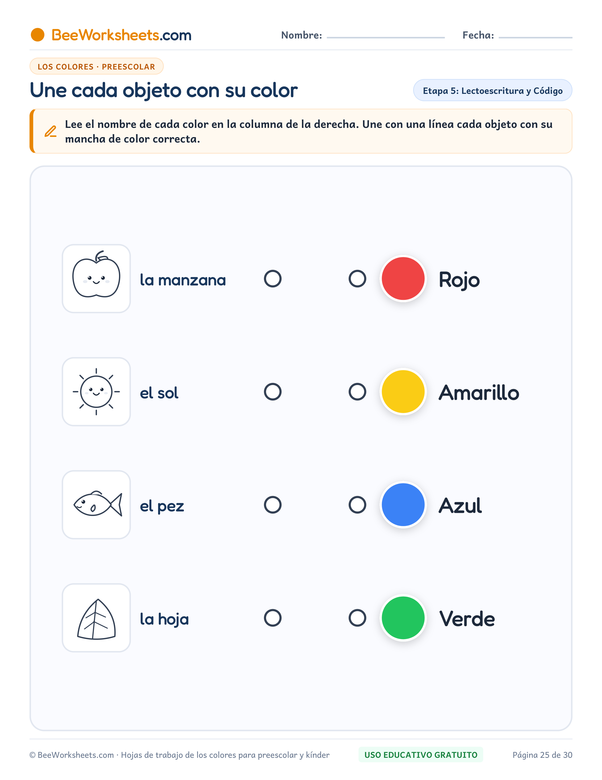 Ficha para colorear y trazar: Une Objeto con su Color: Colores Básicos