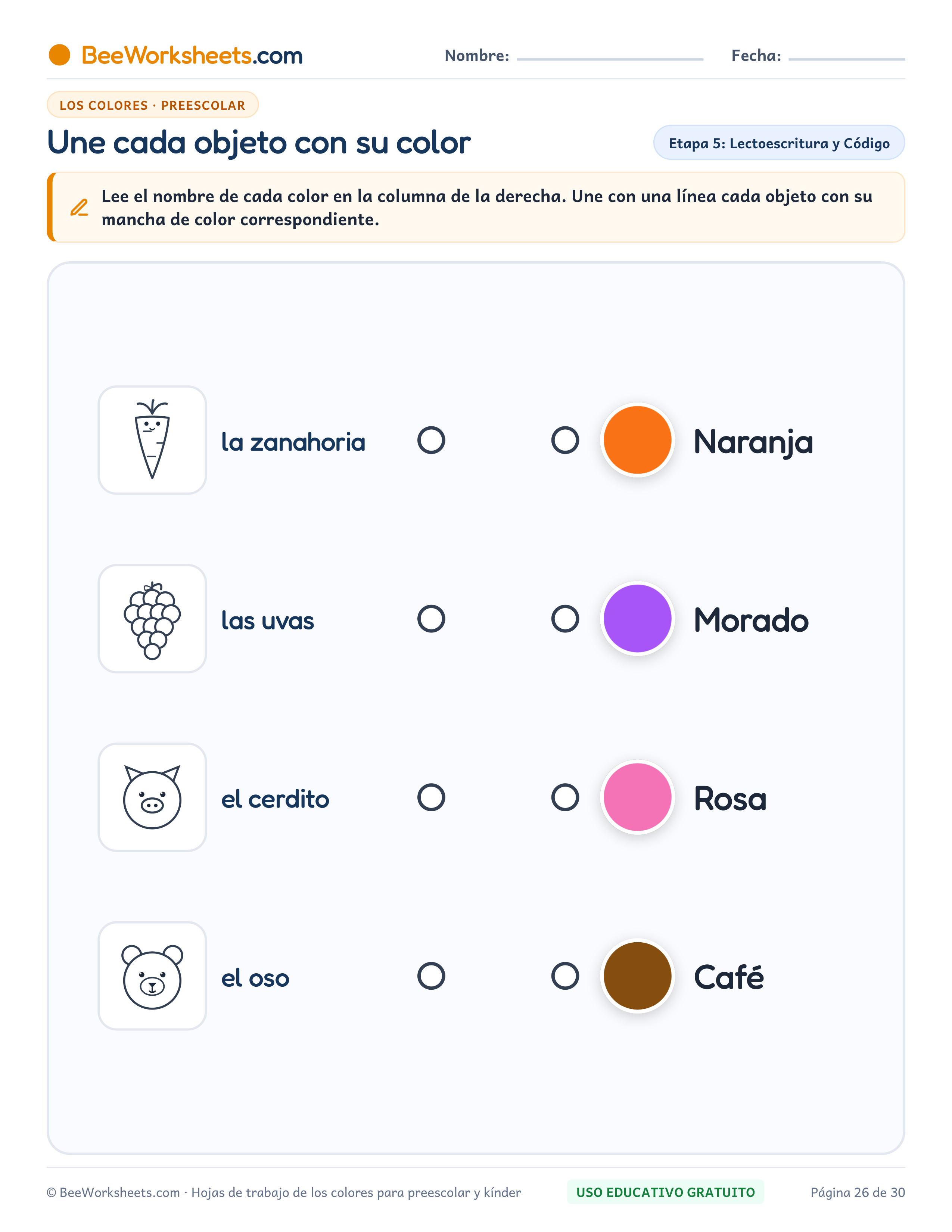 Ficha para colorear y trazar: Une Objeto con su Color: Colores Secundarios