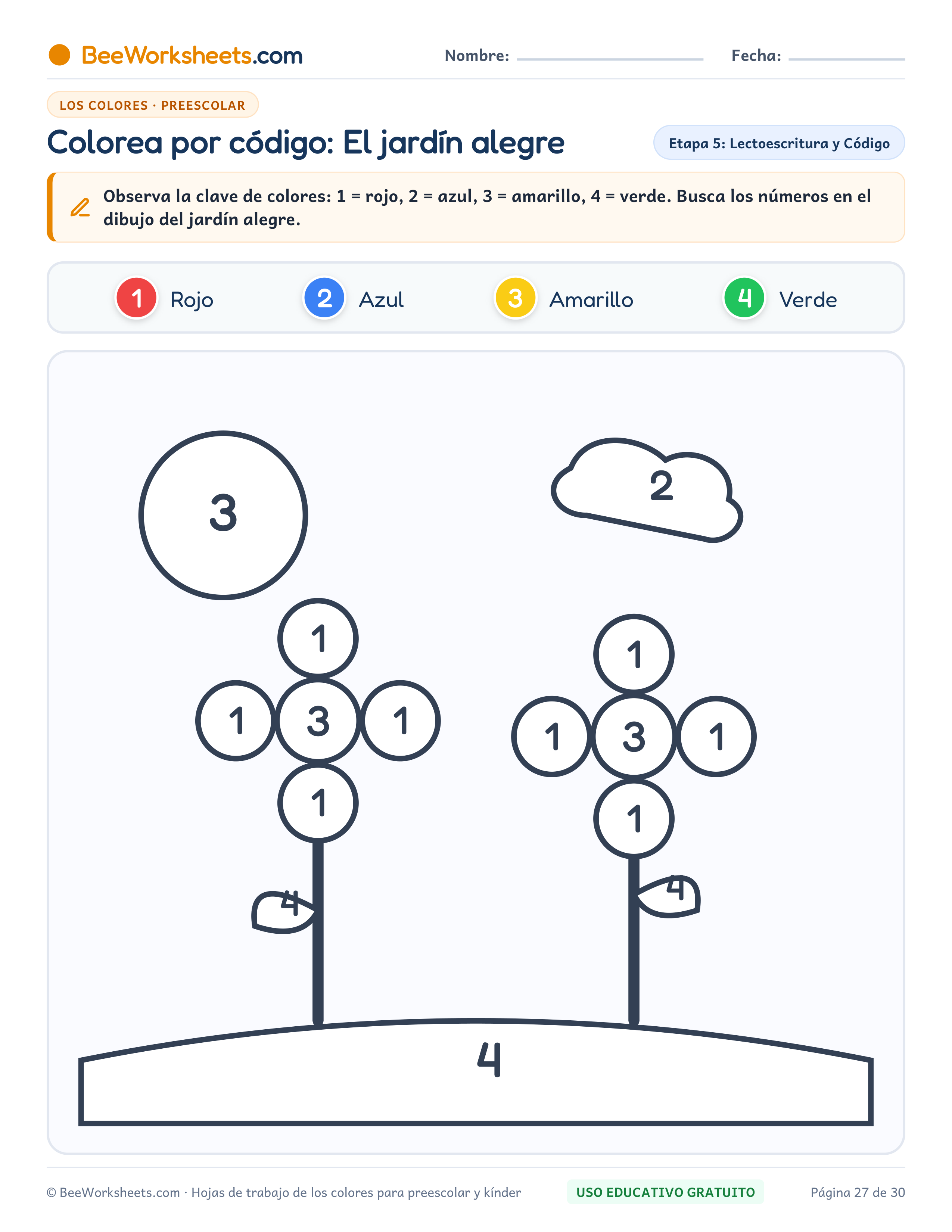 Ficha para colorear y trazar: Colorea por Código: El Jardín Alegre (1–4)