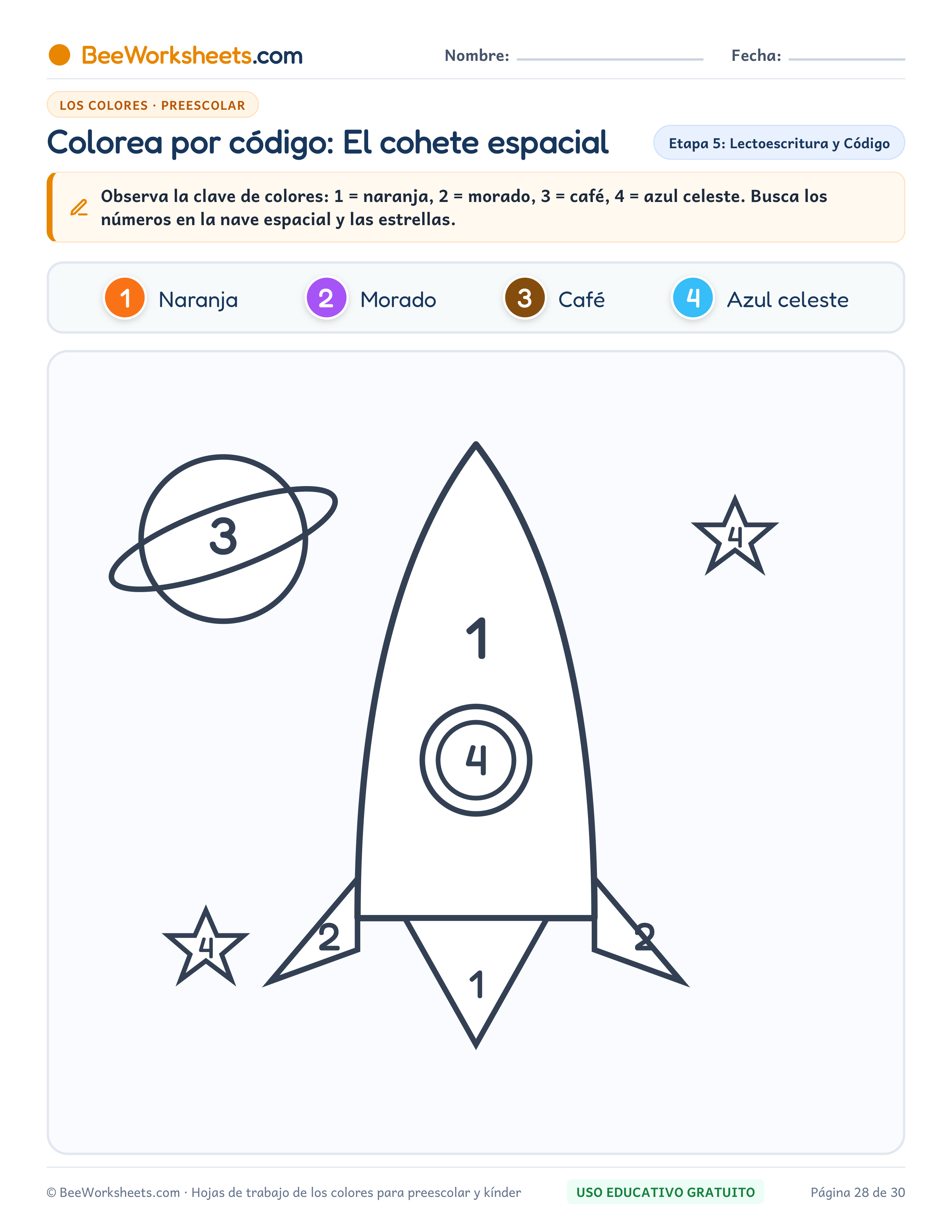 Ficha para colorear y trazar: Colorea por Código: El Cohete Espacial (1–4)