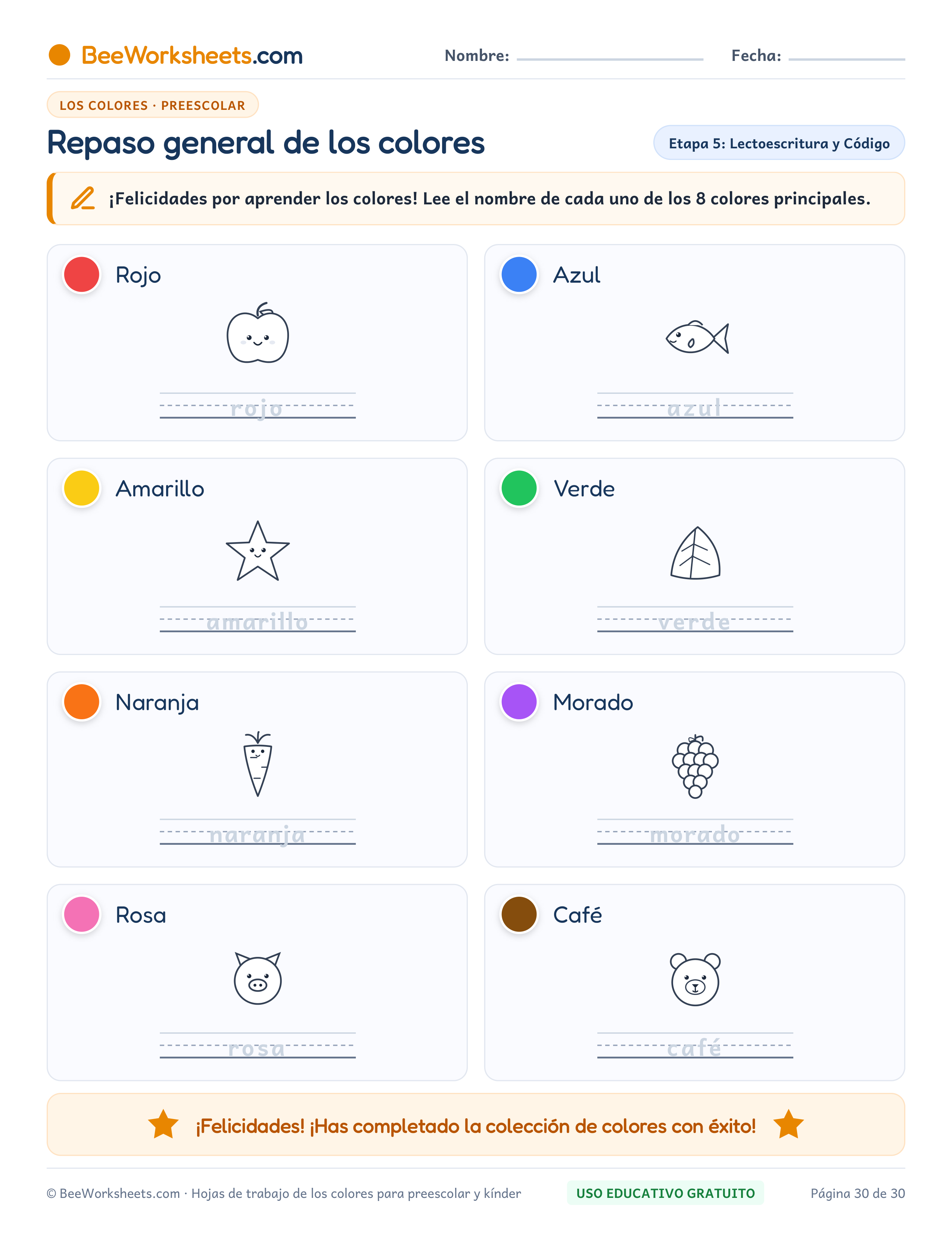 Ficha para colorear y trazar: Repaso General de los Colores: Evaluación Infantil
