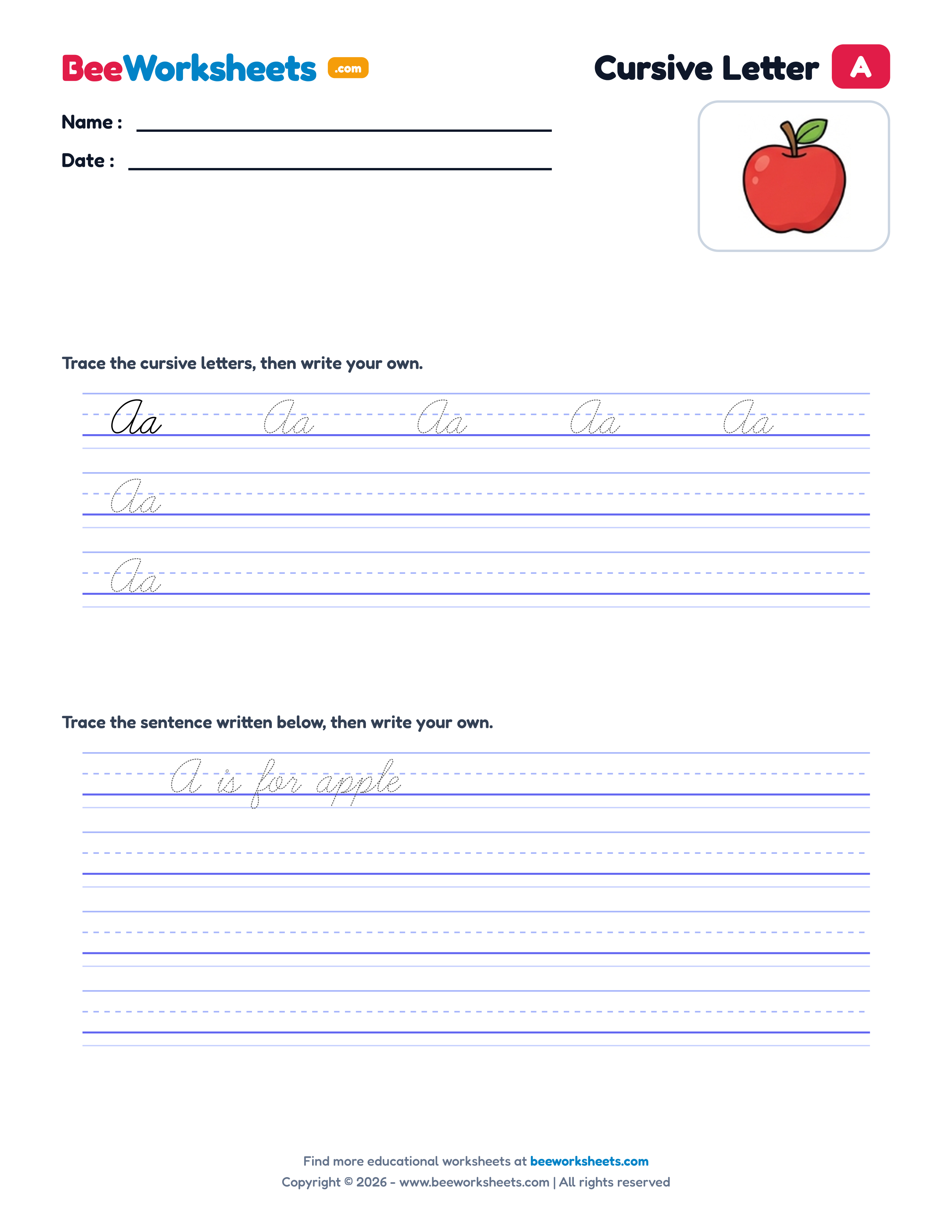 Cursive Letter A Tracing & Handwriting Practice Worksheet Preview