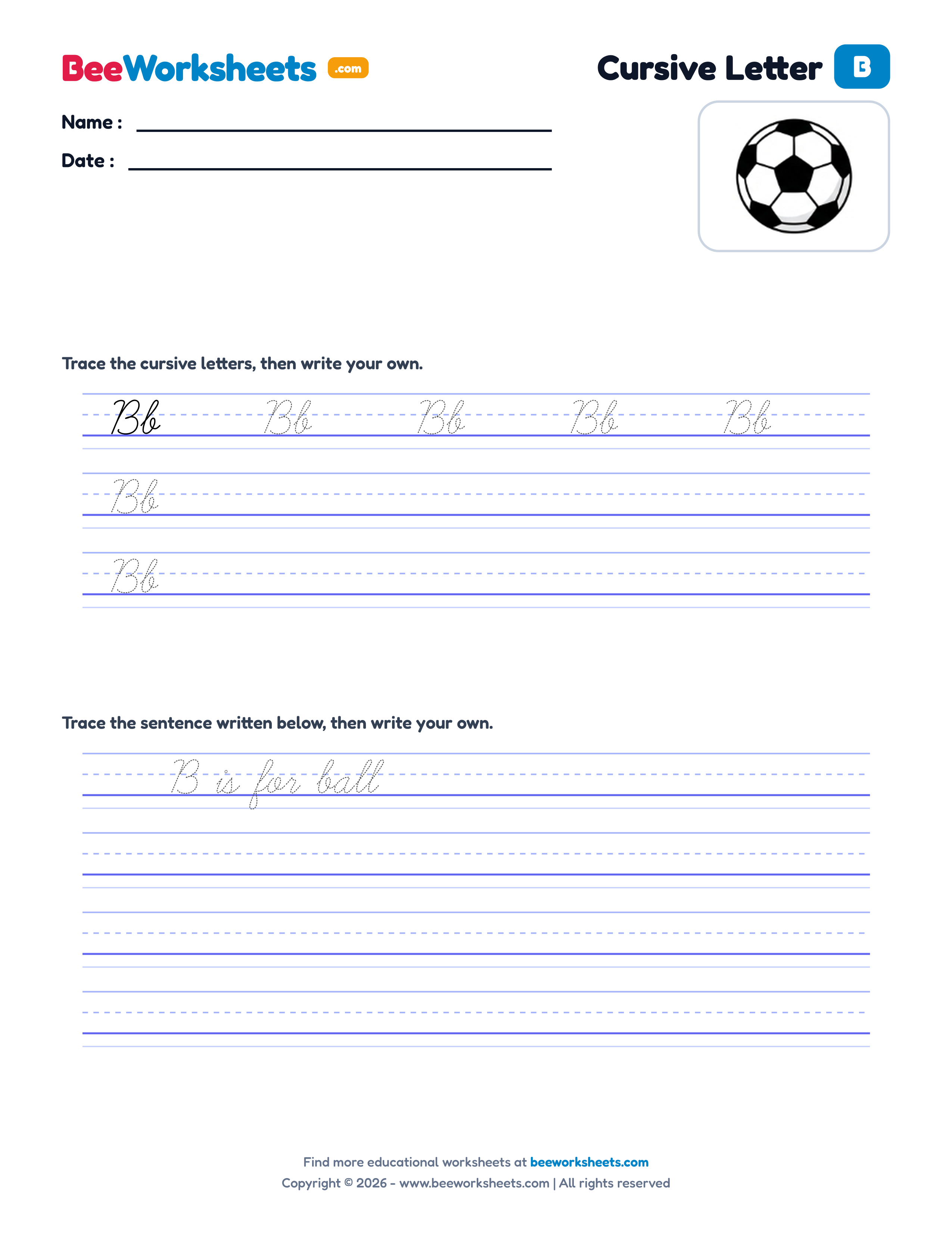 Cursive Letter B Tracing & Handwriting Practice Worksheet Preview