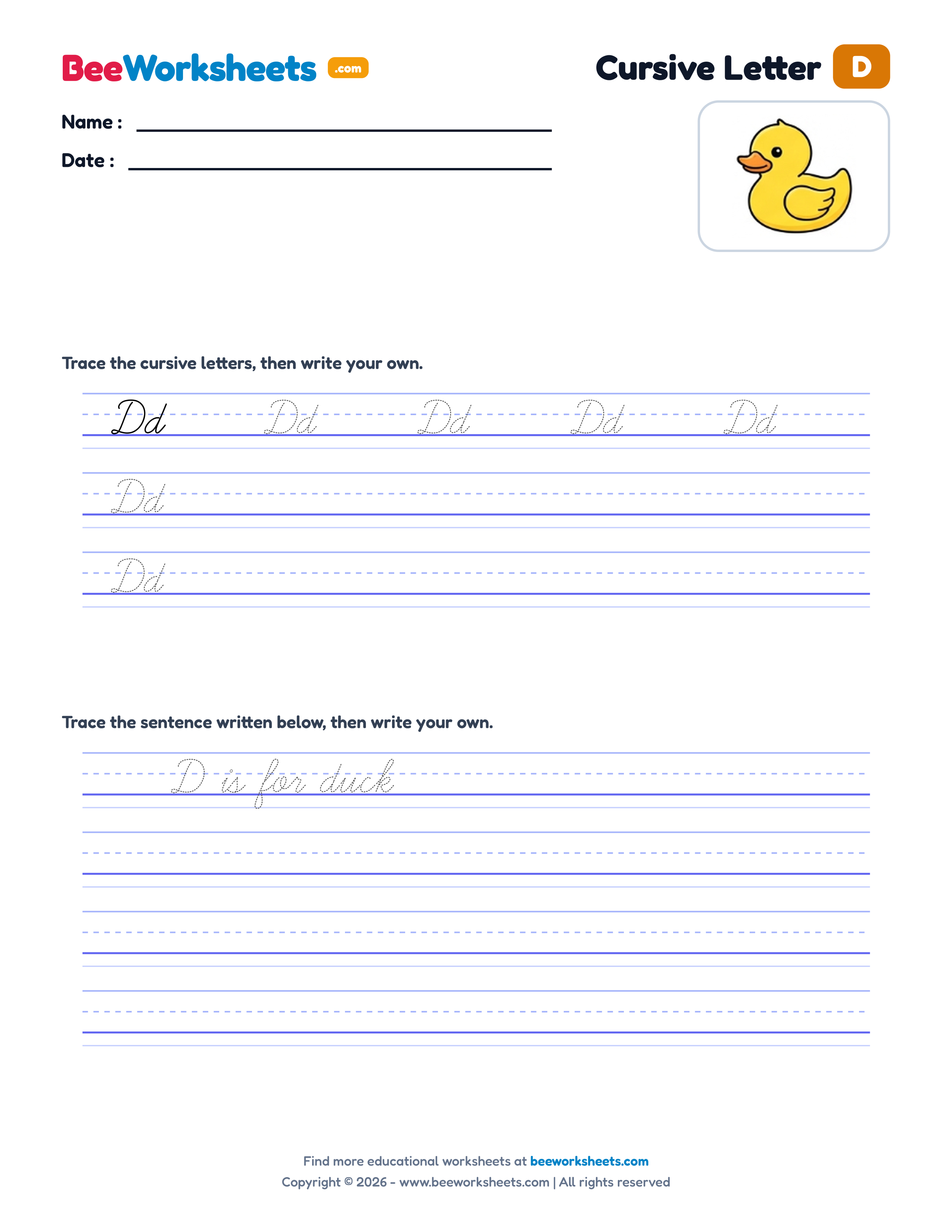 Cursive Letter D Tracing & Handwriting Practice Worksheet Preview