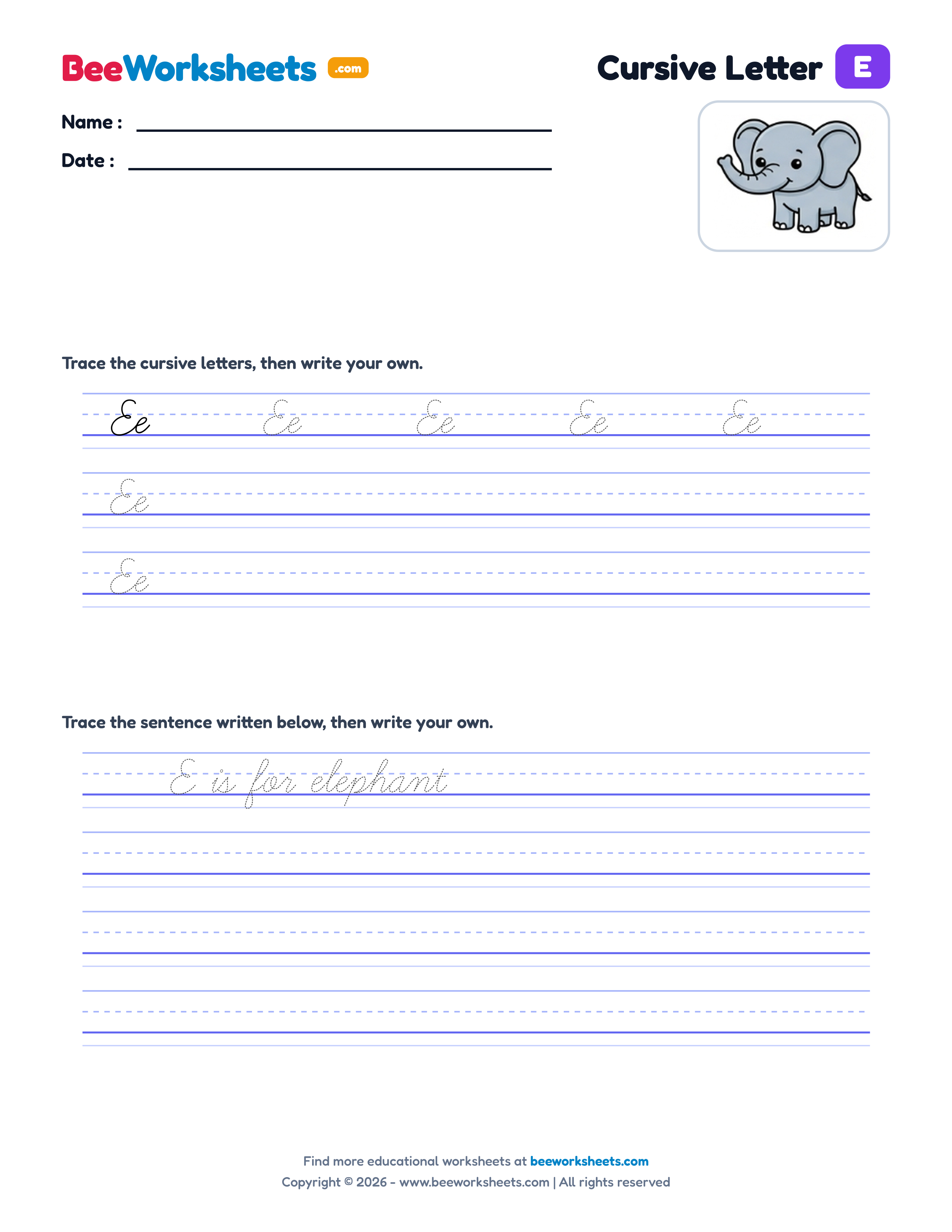 Cursive Letter E Tracing & Handwriting Practice Worksheet Preview
