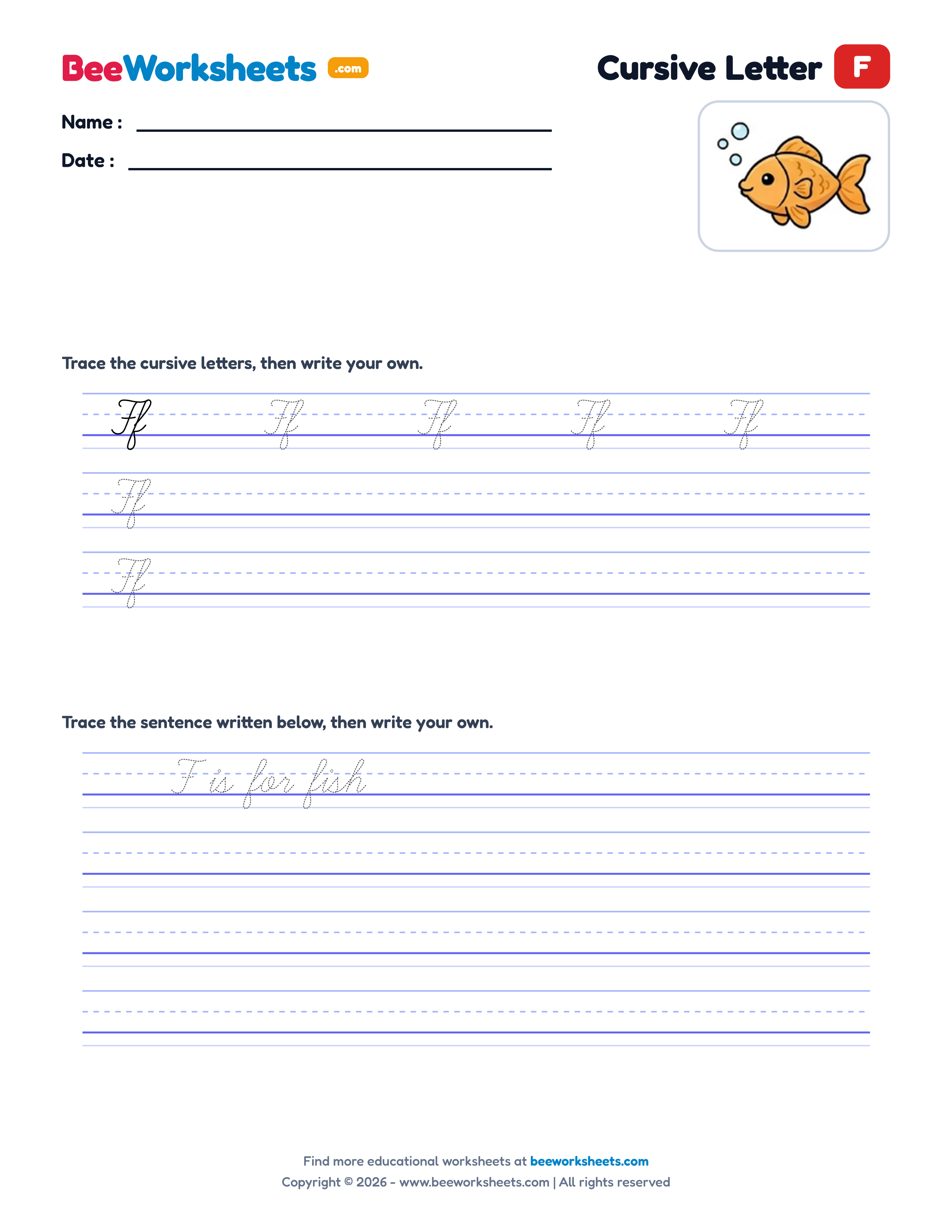 Cursive Letter F Tracing & Handwriting Practice Worksheet Preview