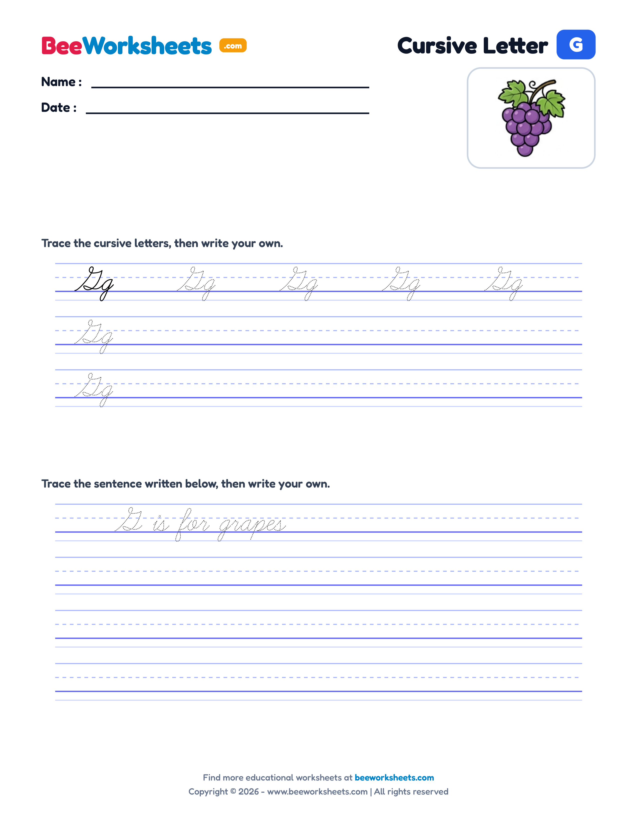 Cursive Letter G Tracing & Handwriting Practice Worksheet Preview