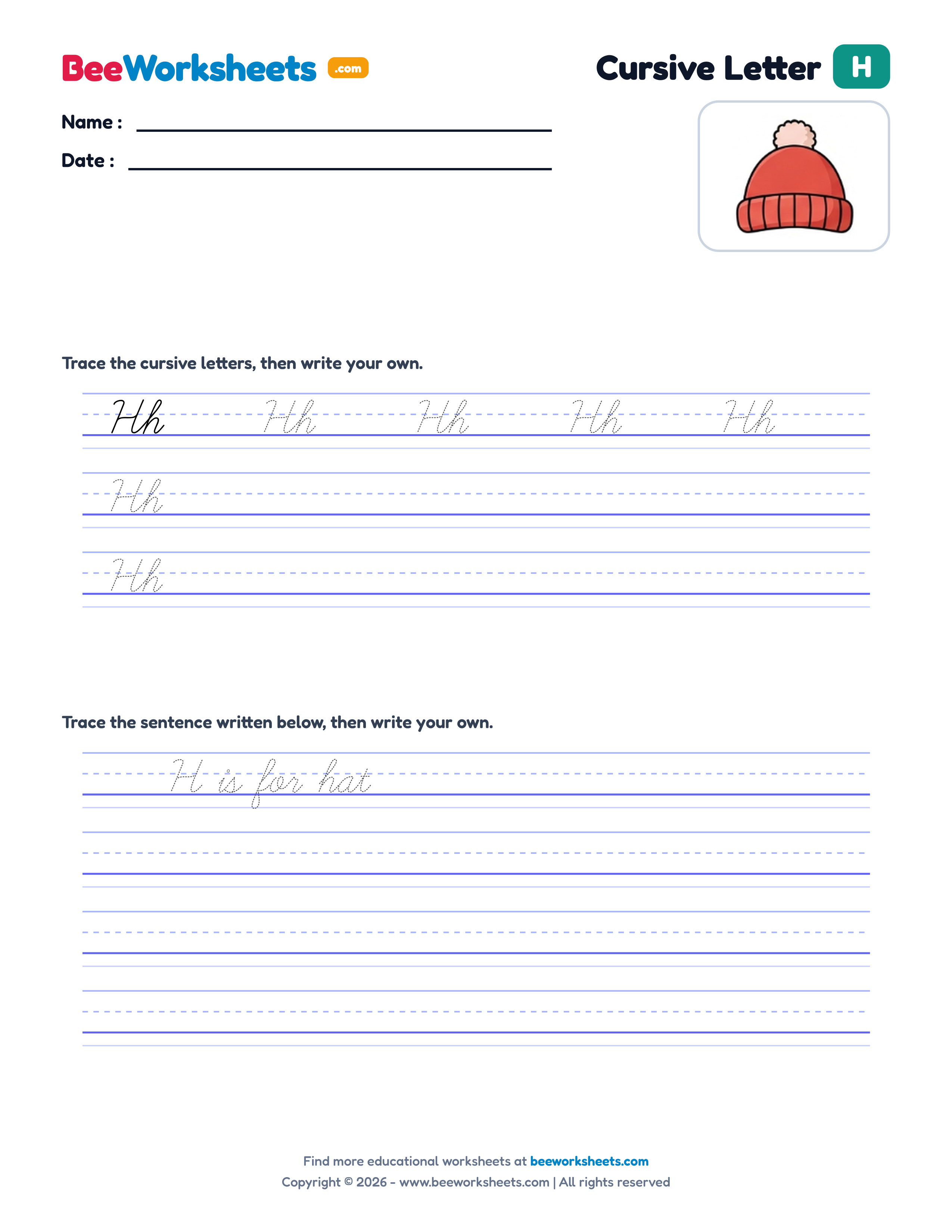 Cursive Letter H Tracing & Handwriting Practice Worksheet Preview