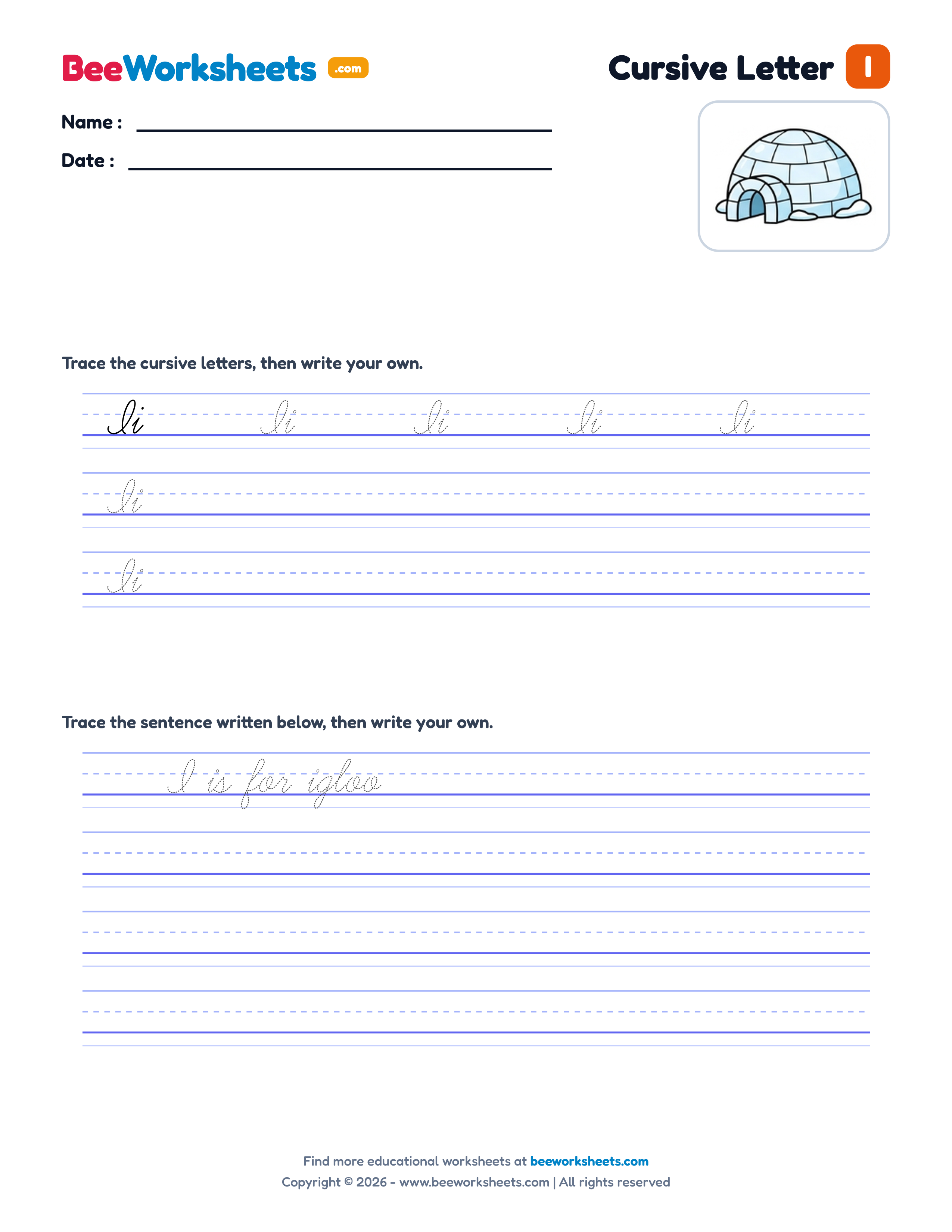 Cursive Letter I Tracing & Handwriting Practice Worksheet Preview