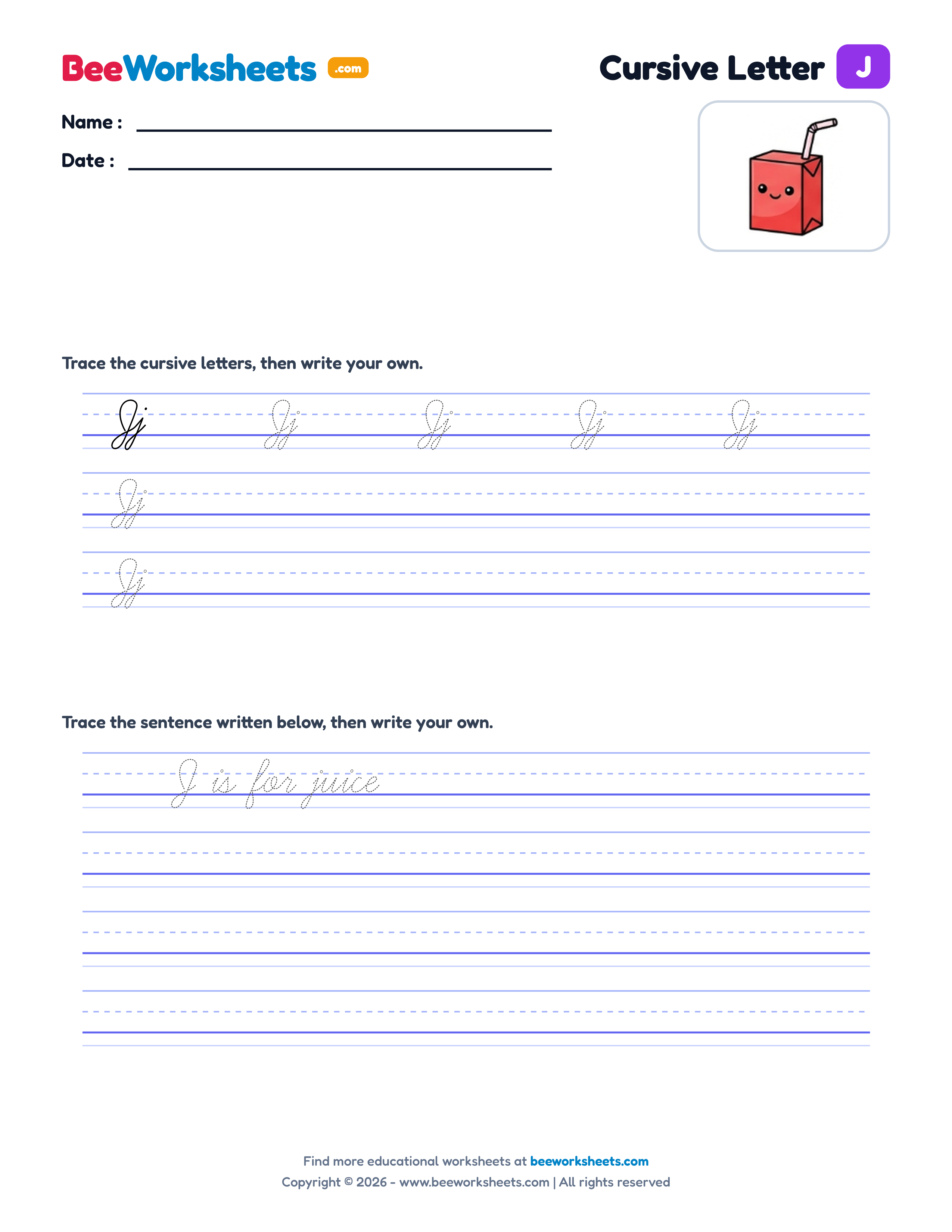 Cursive Letter J Tracing & Handwriting Practice Worksheet Preview
