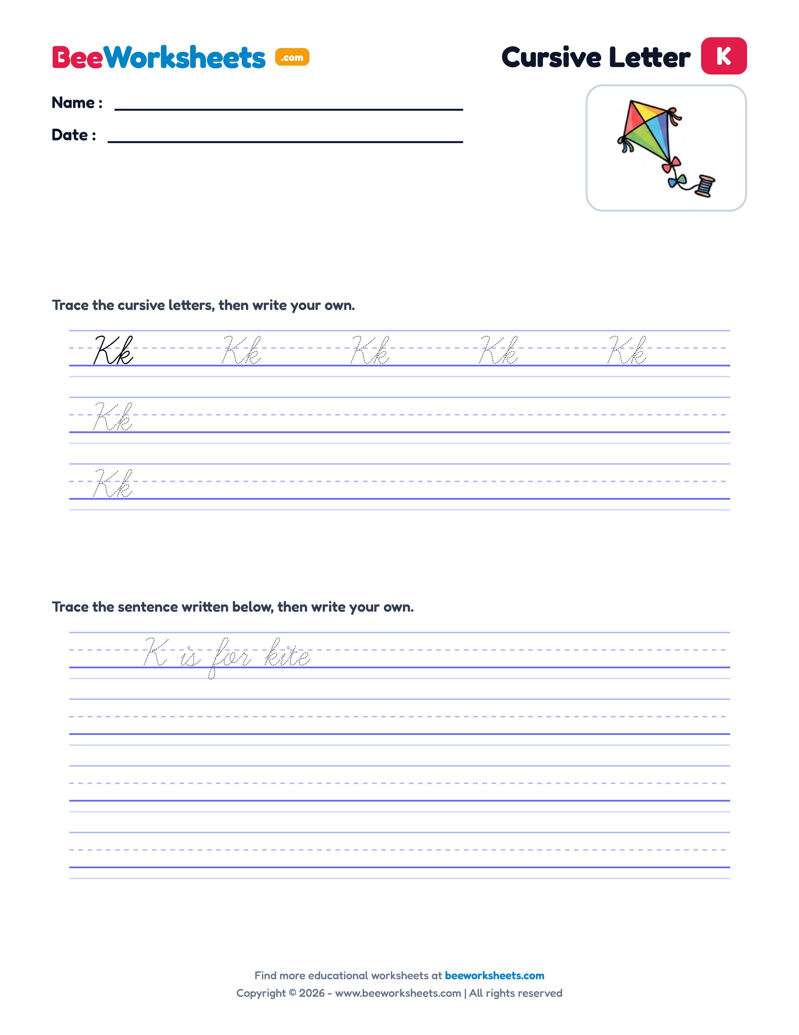 Cursive Letter K Tracing & Handwriting Practice Worksheet Preview