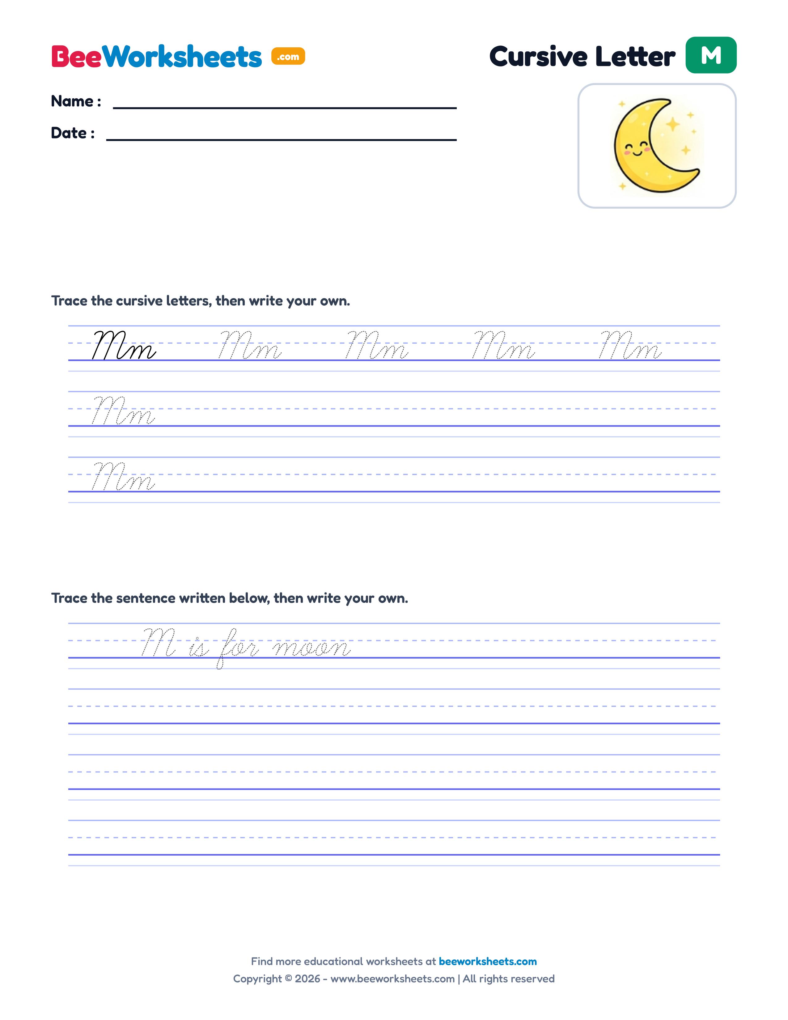 Cursive Letter M Tracing & Handwriting Practice Worksheet Preview