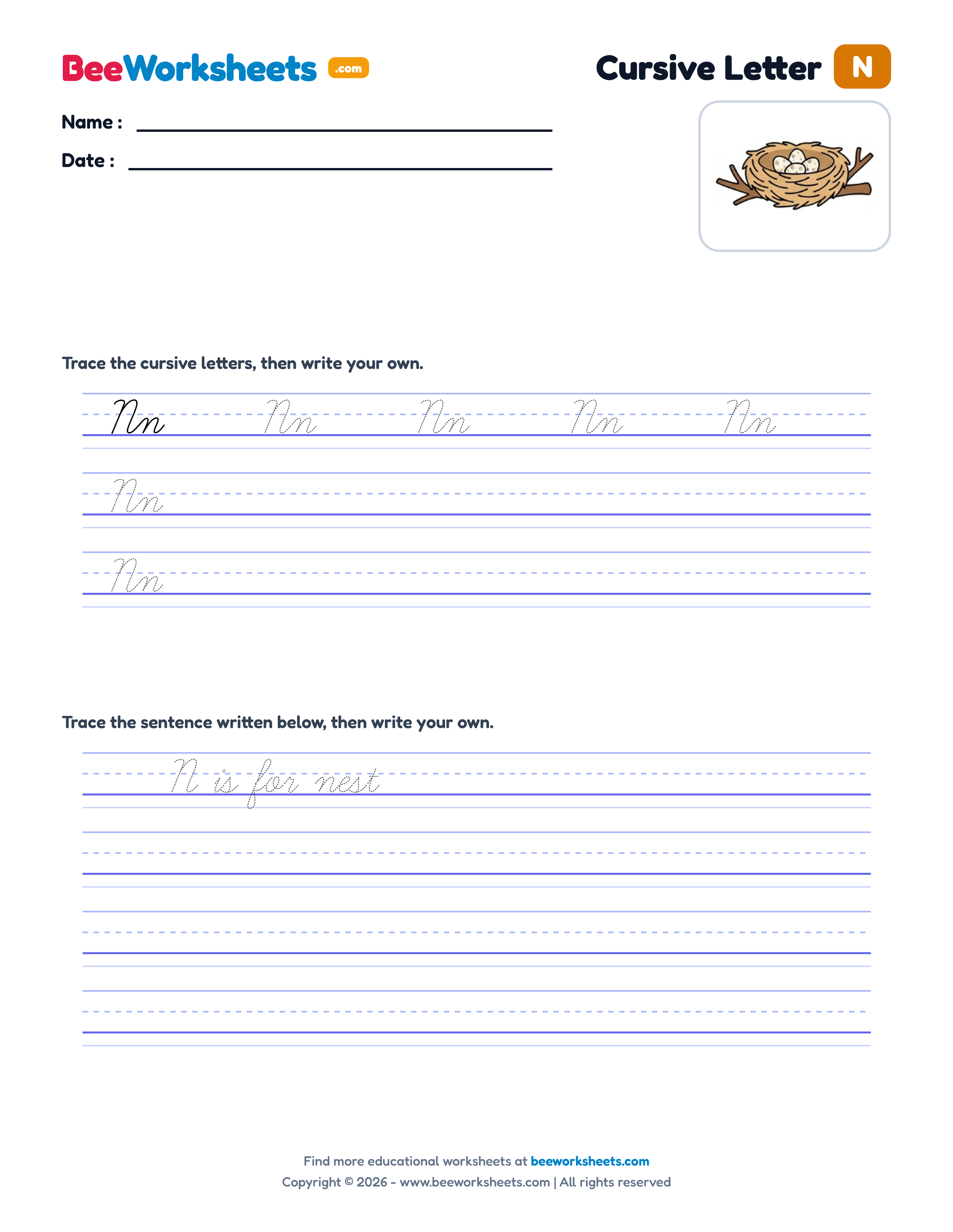 Cursive Letter N Tracing & Handwriting Practice Worksheet Preview