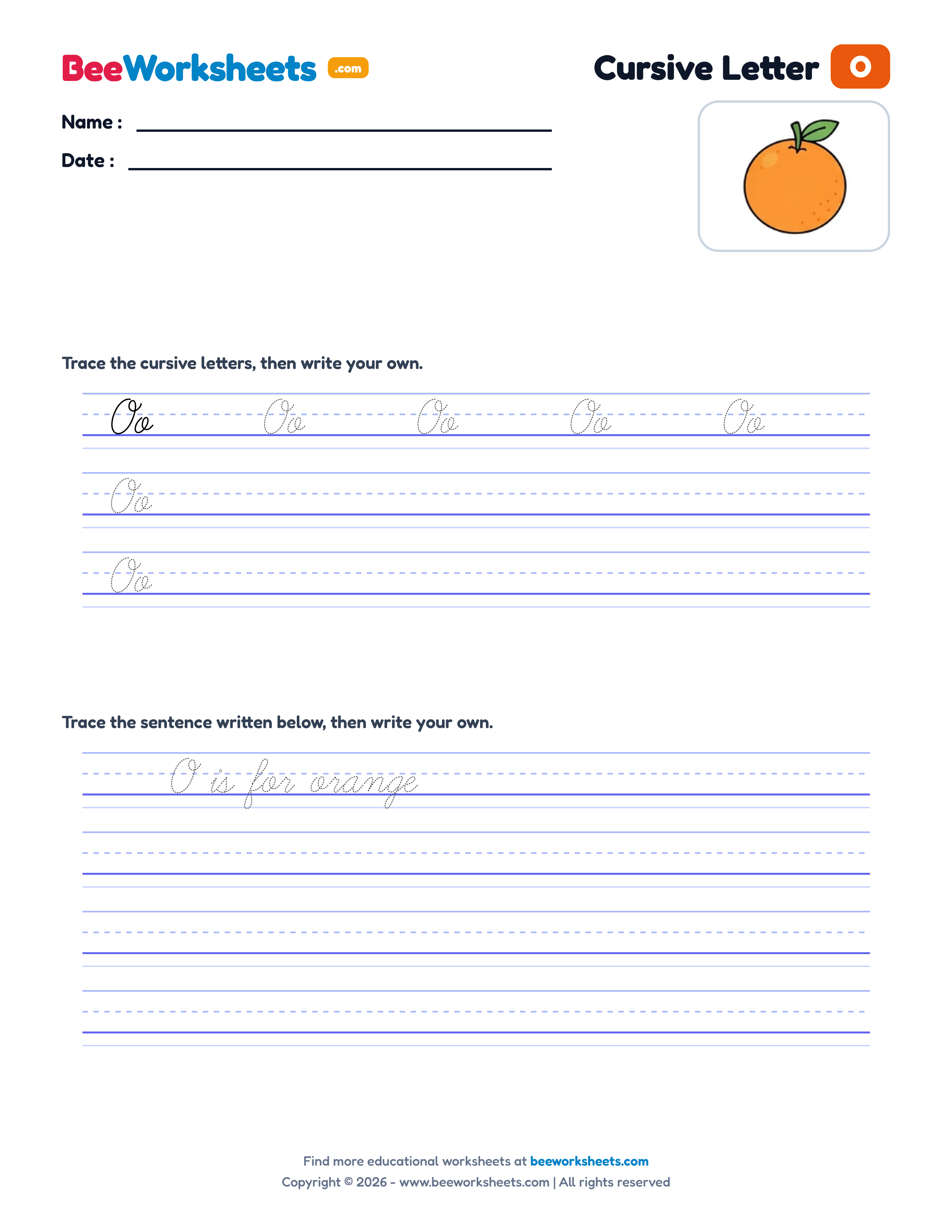 Cursive Letter O Tracing & Handwriting Practice Worksheet Preview
