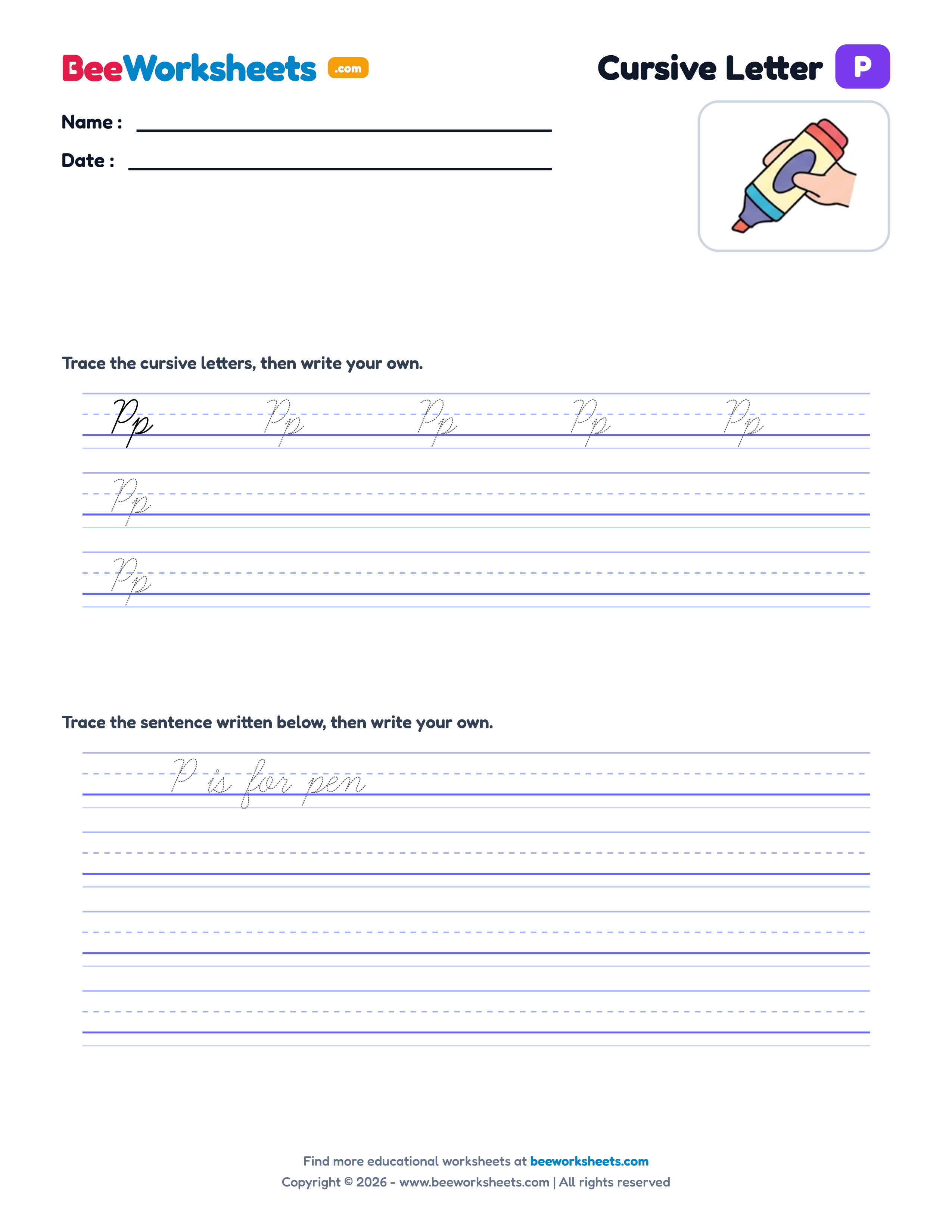 Cursive Letter P Tracing & Handwriting Practice Worksheet Preview