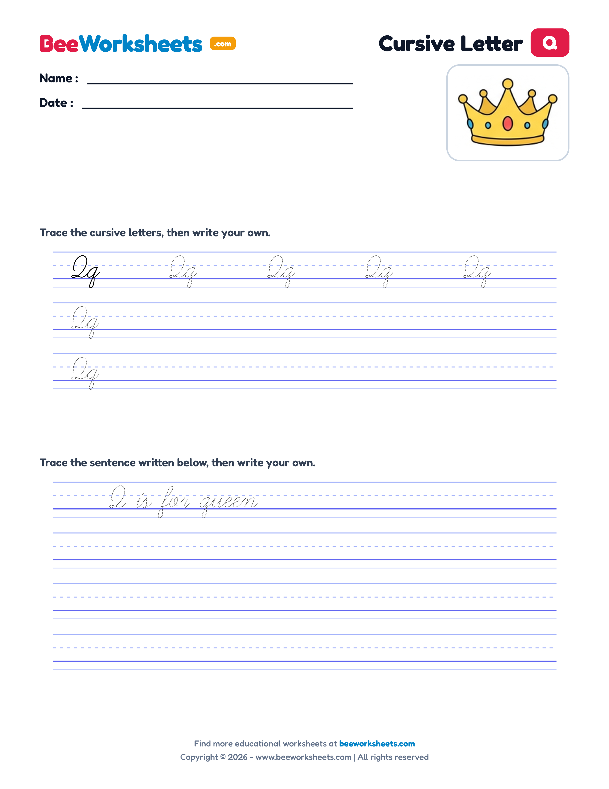 Cursive Letter Q Tracing & Handwriting Practice Worksheet Preview