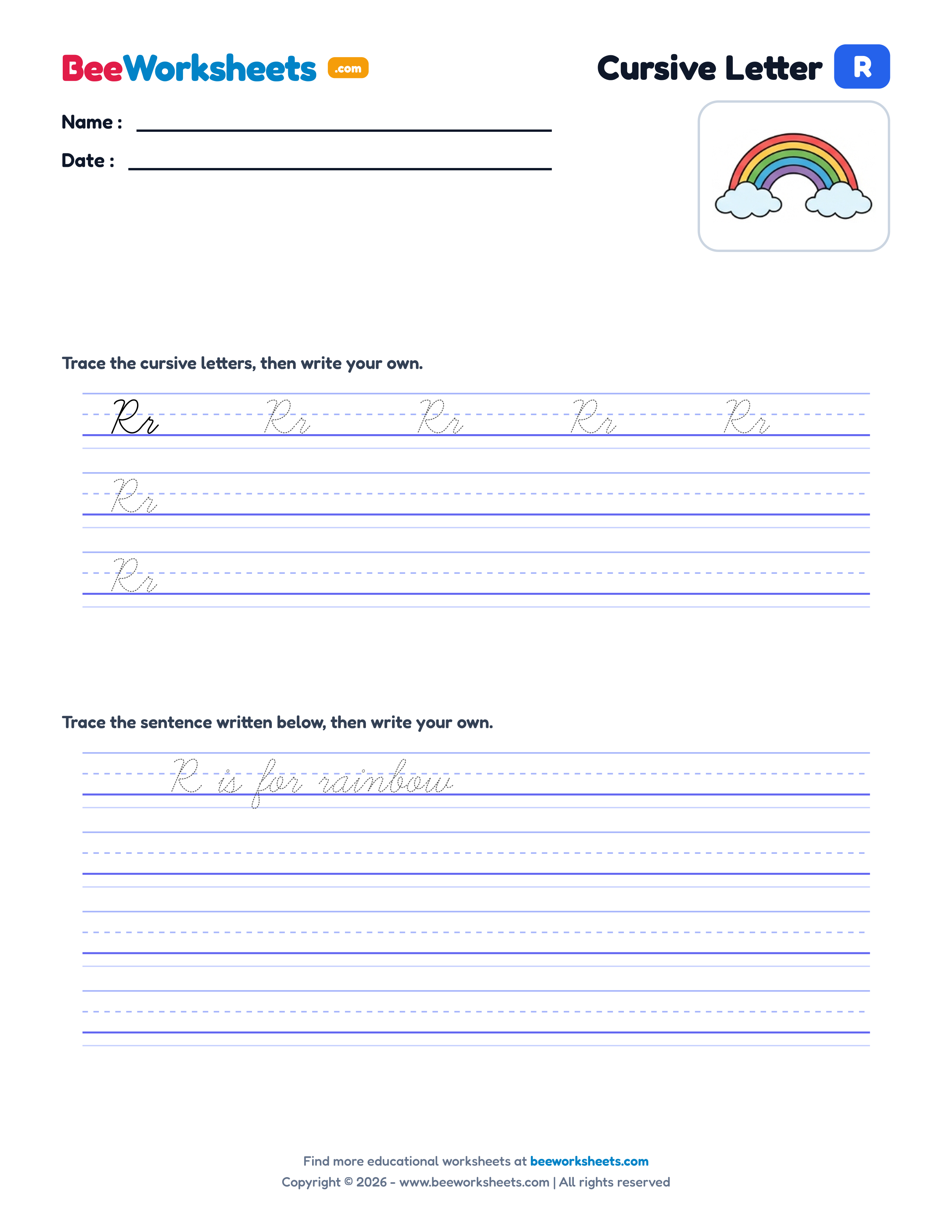Cursive Letter R Tracing & Handwriting Practice Worksheet Preview