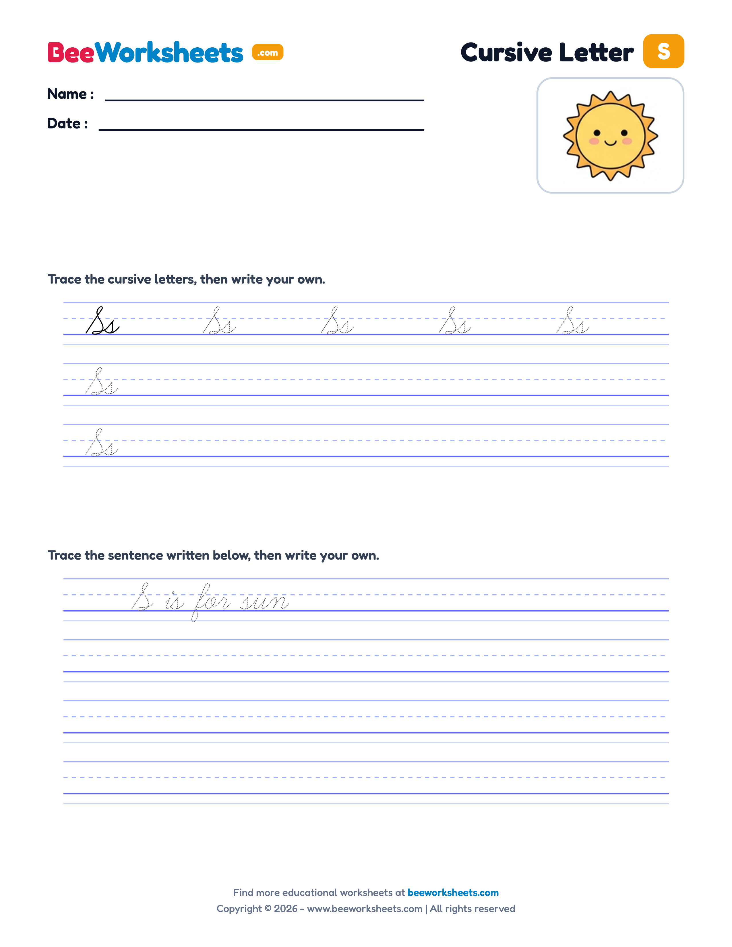 Cursive Letter S Tracing & Handwriting Practice Worksheet Preview