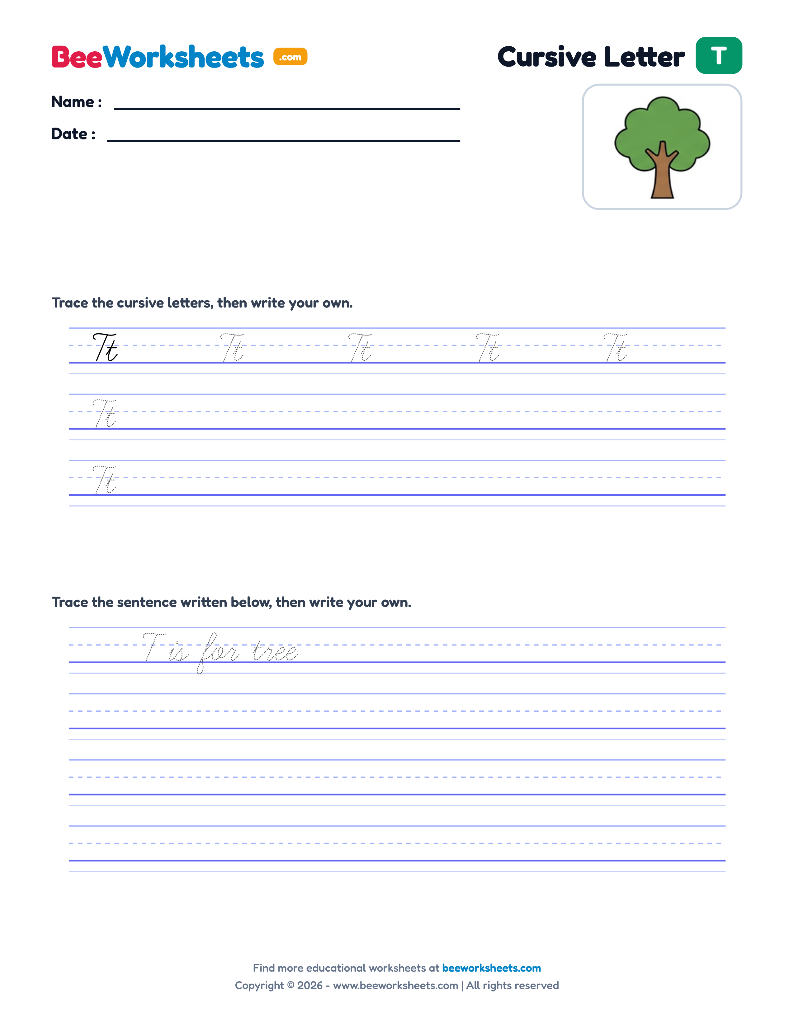 Cursive Letter T Tracing & Handwriting Practice Worksheet Preview