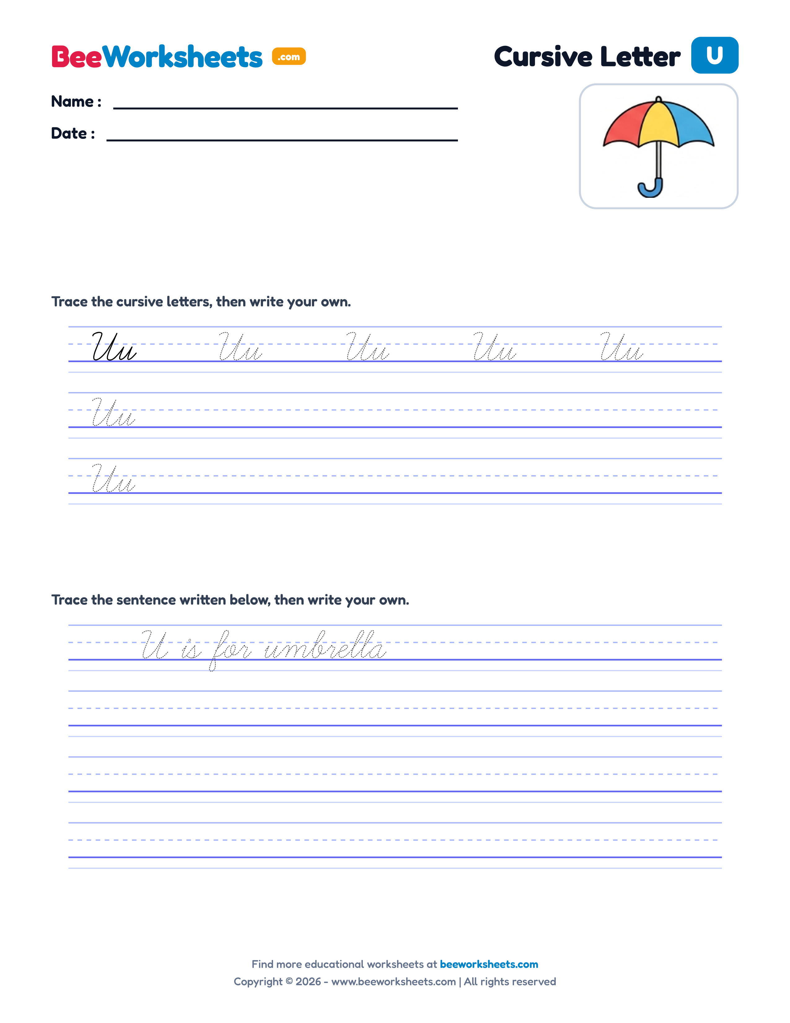 Cursive Letter U Tracing & Handwriting Practice Worksheet Preview