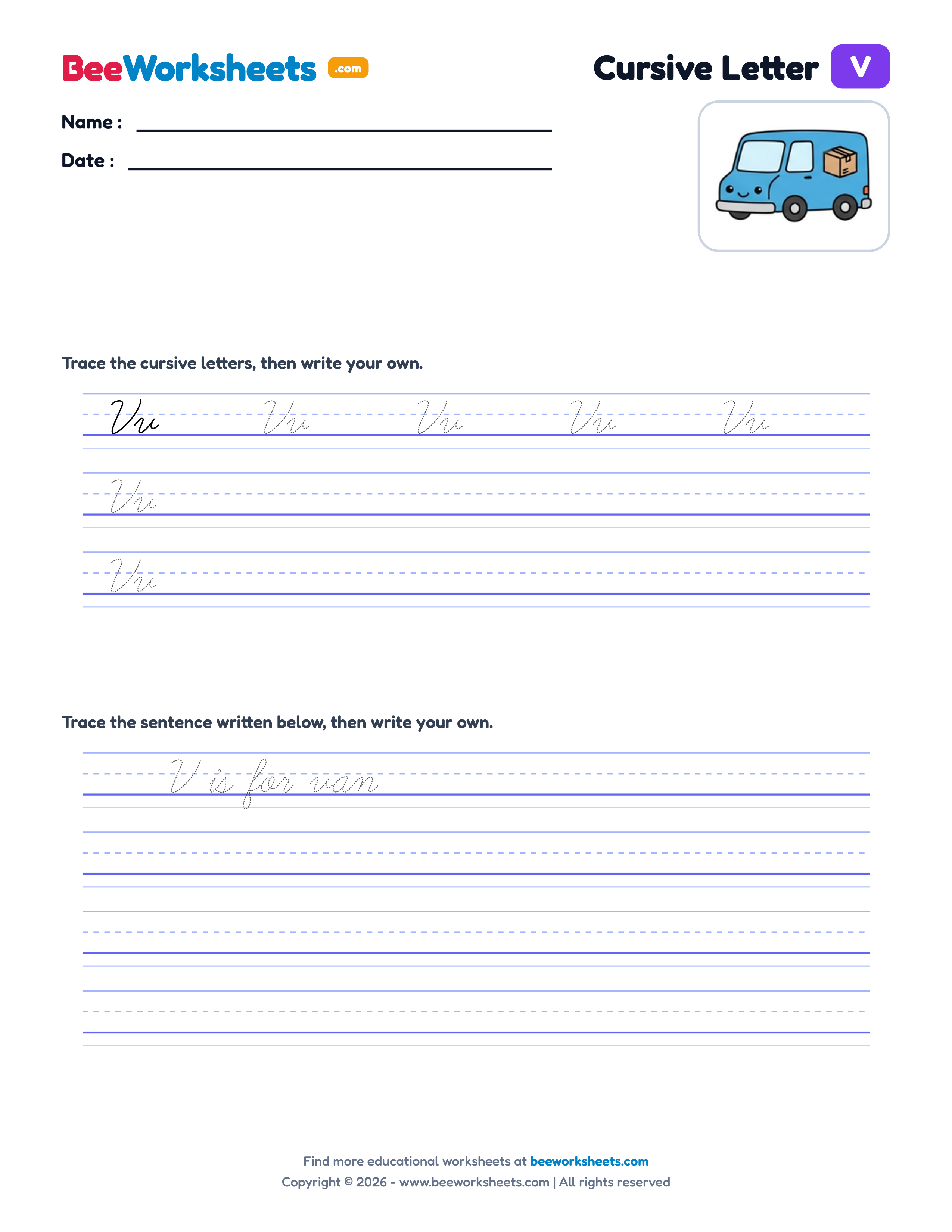 Cursive Letter V Tracing & Handwriting Practice Worksheet Preview
