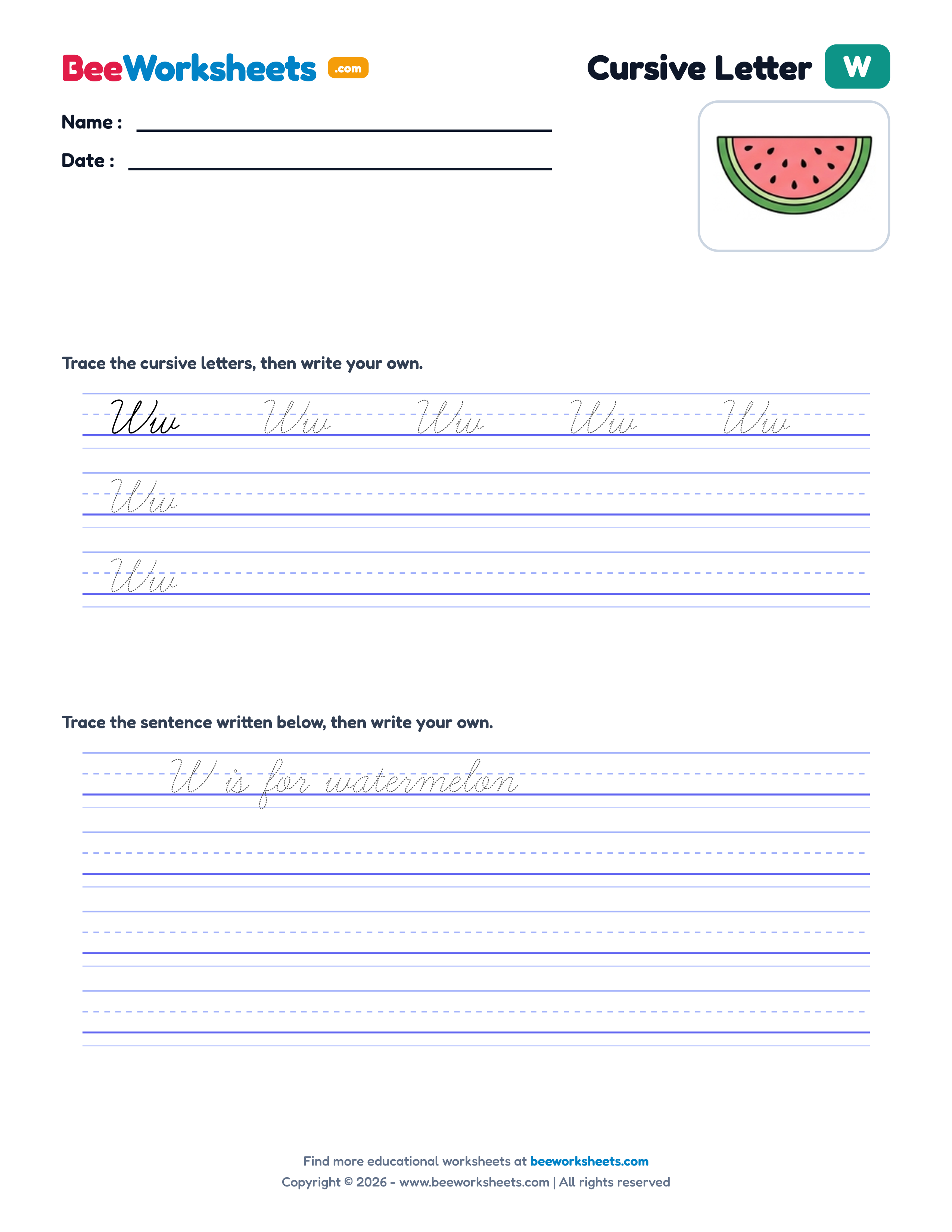 Cursive Letter W Tracing & Handwriting Practice Worksheet Preview