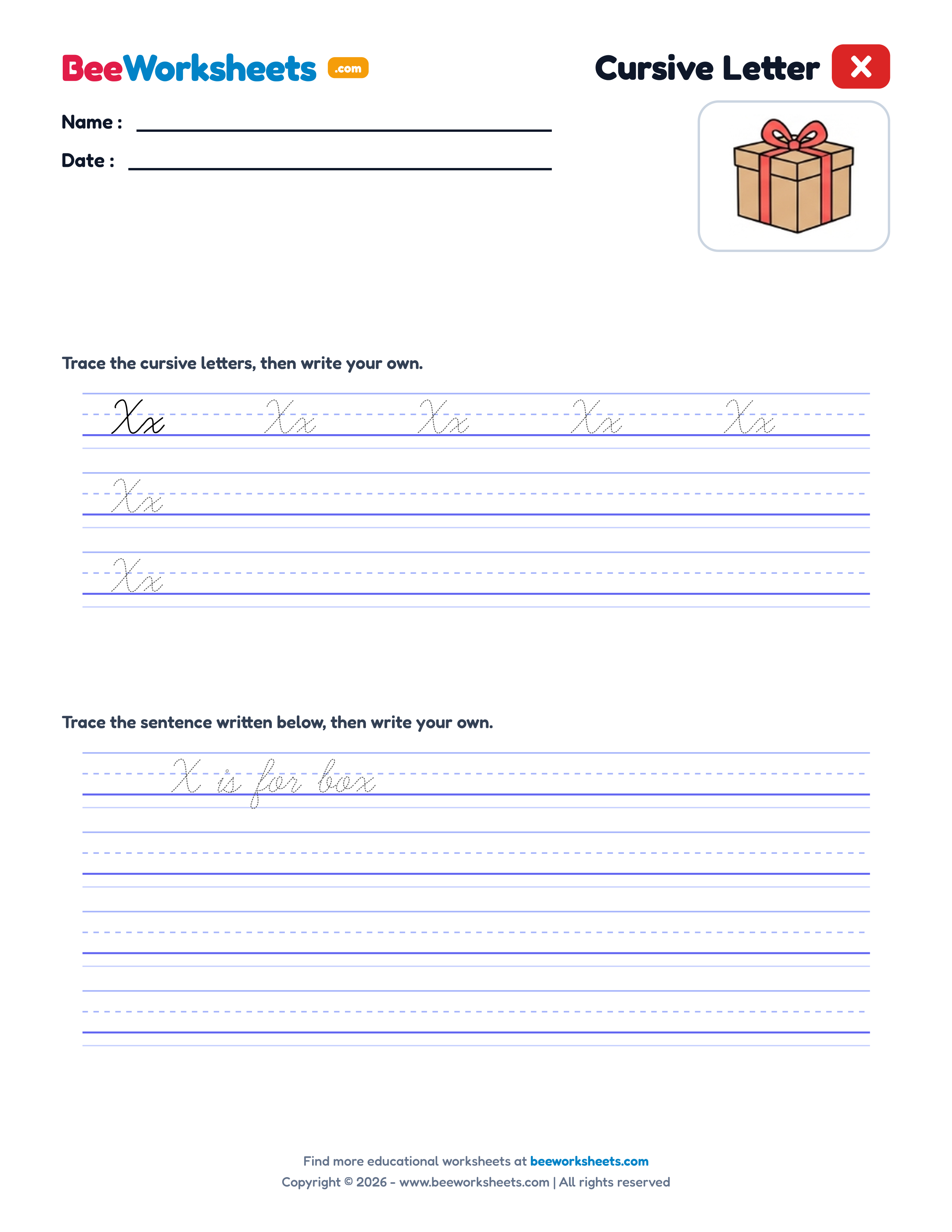 Cursive Letter X Tracing & Handwriting Practice Worksheet Preview