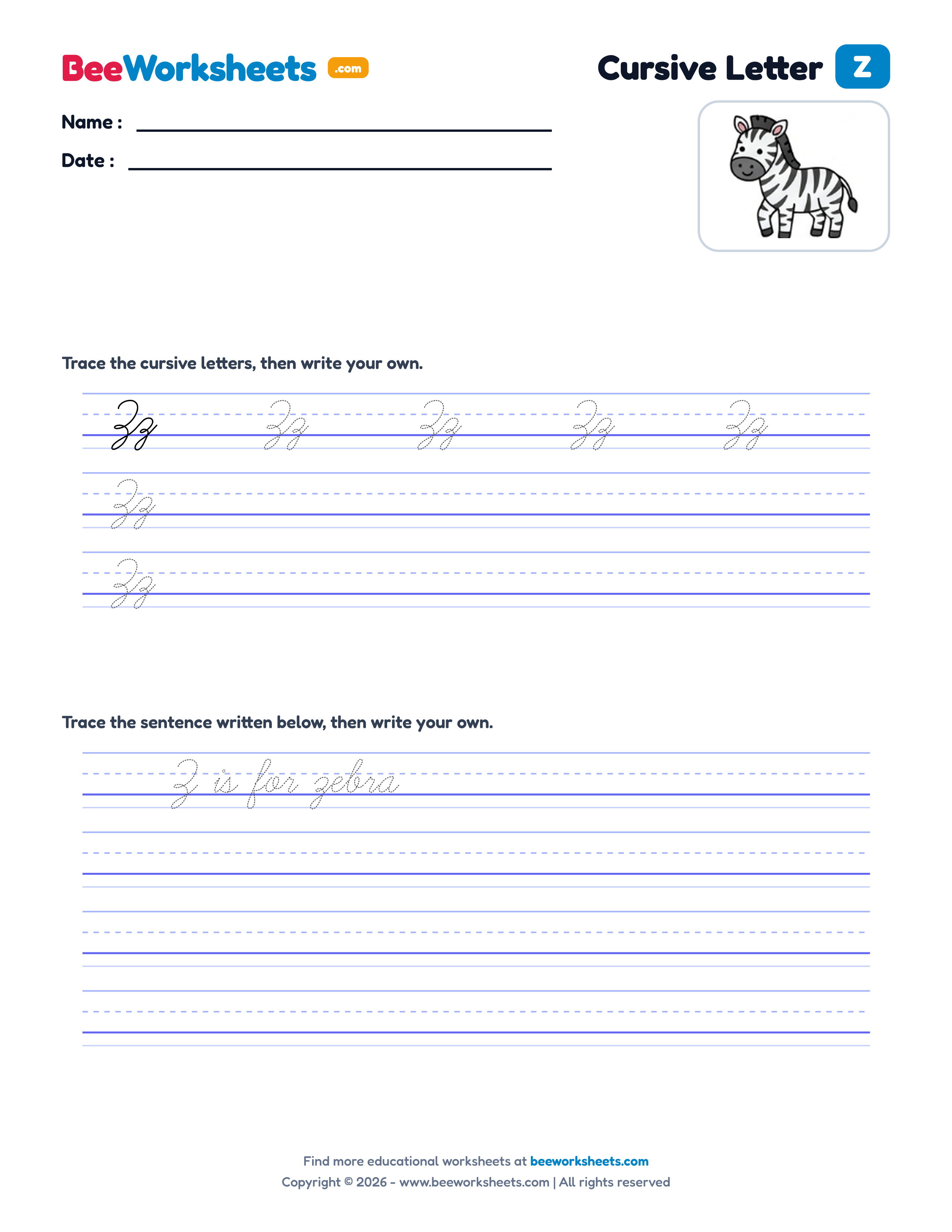 Cursive Letter Z Tracing & Handwriting Practice Worksheet Preview