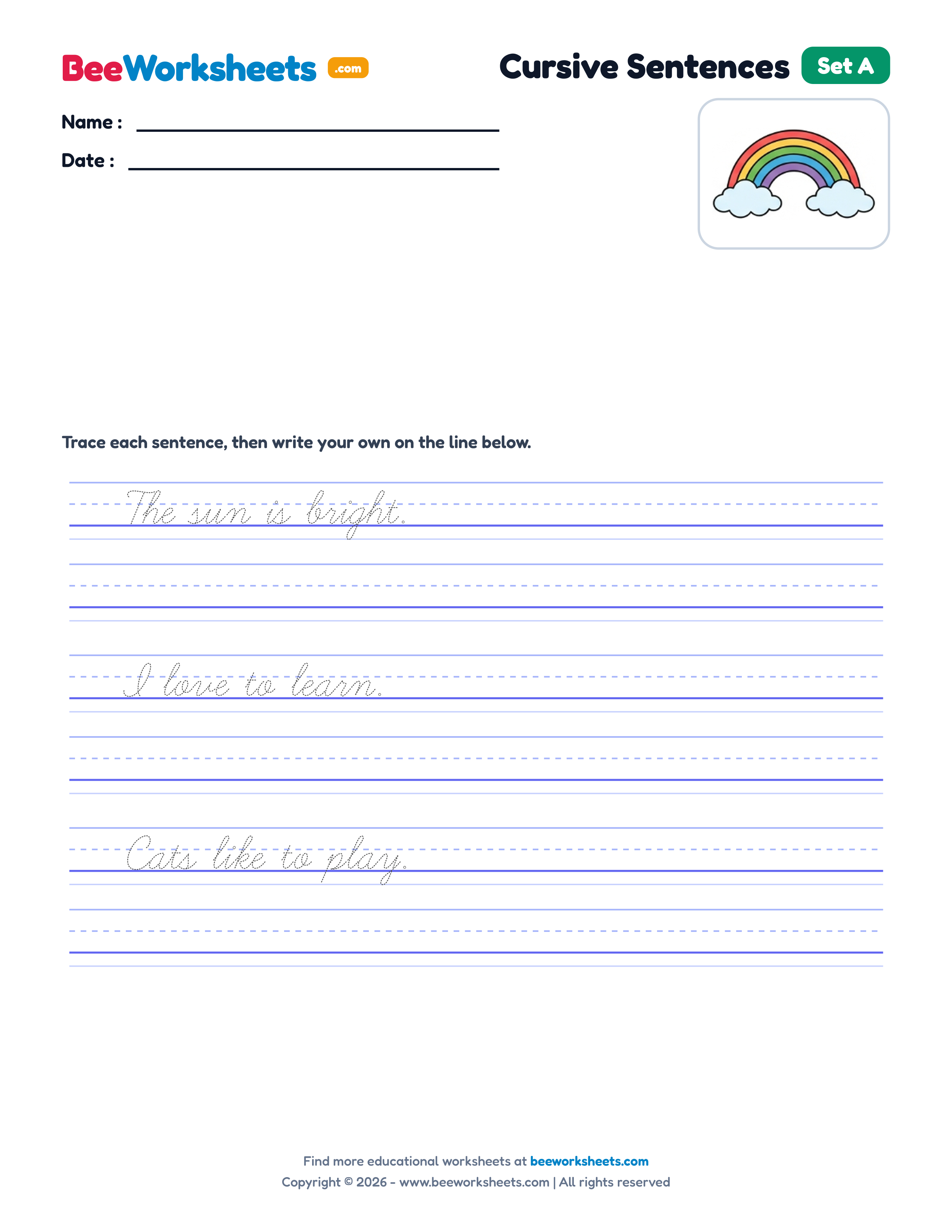 Cursive Simple Sentences Practice (Set A) Handwriting Worksheet Preview