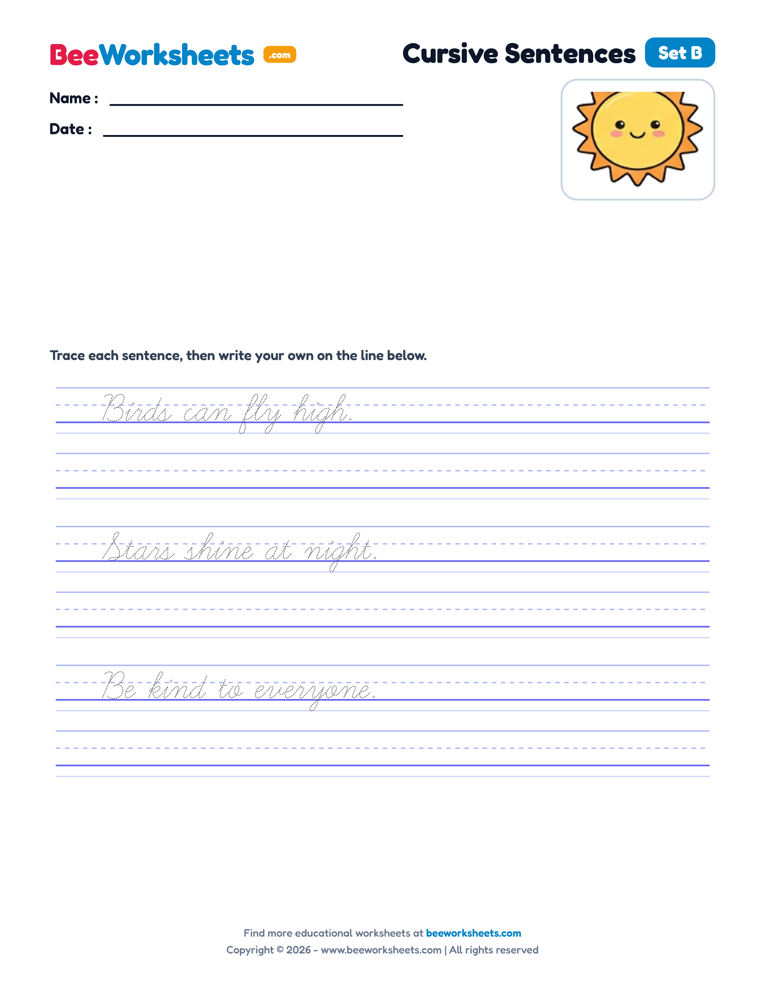Cursive Simple Sentences Practice (Set B) Handwriting Worksheet Preview