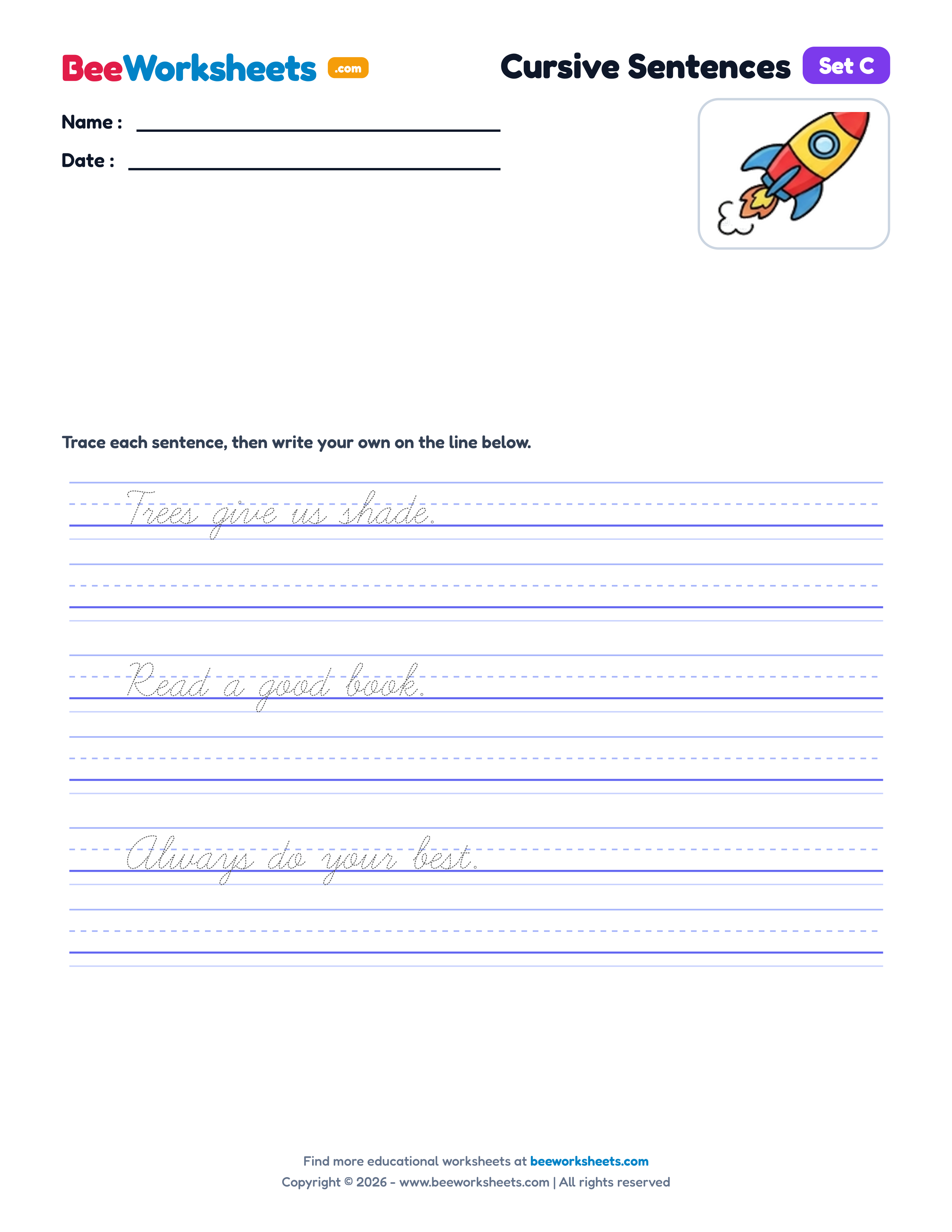 Cursive Simple Sentences Practice (Set C) Handwriting Worksheet Preview