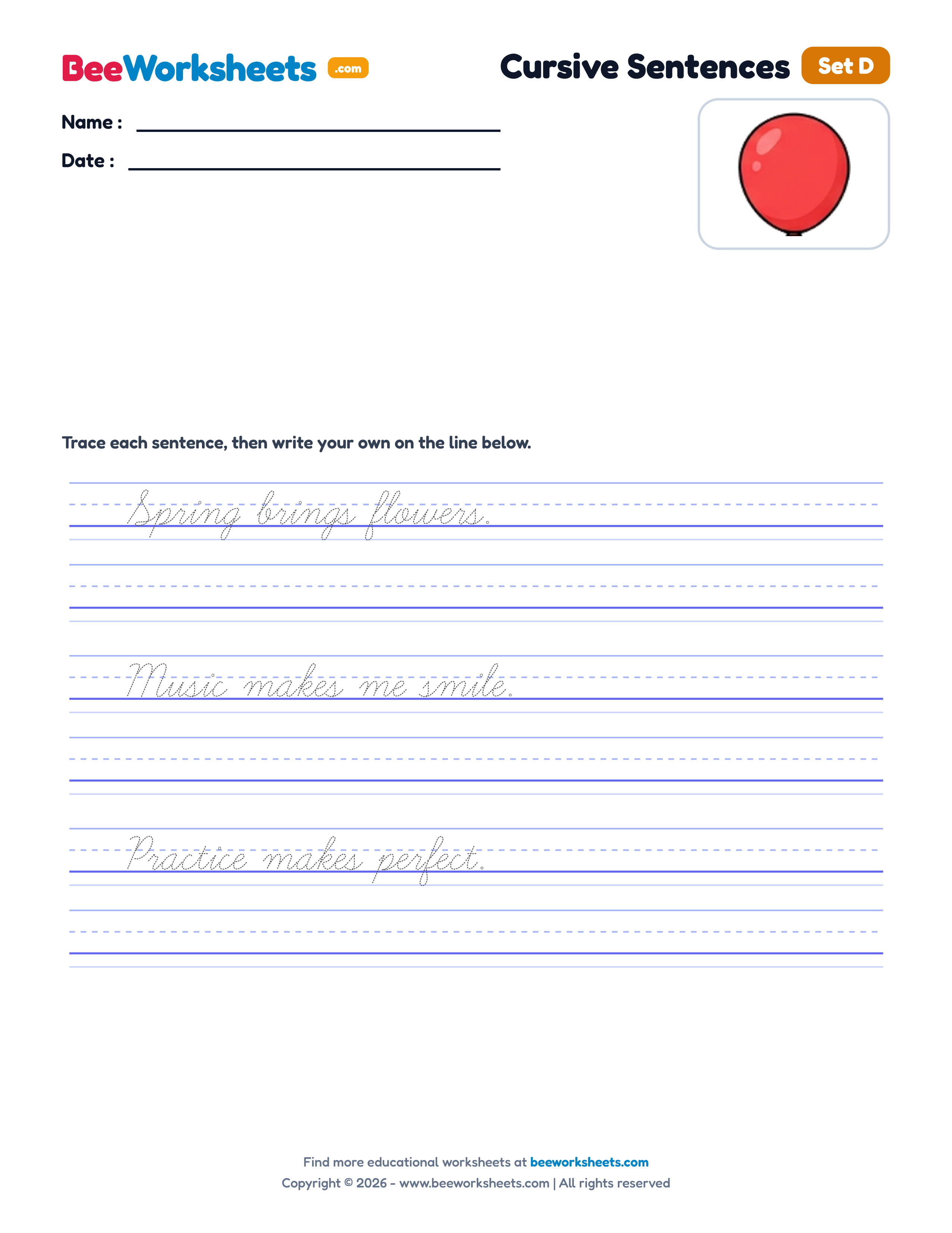 Cursive Simple Sentences Practice (Set D) Handwriting Worksheet Preview