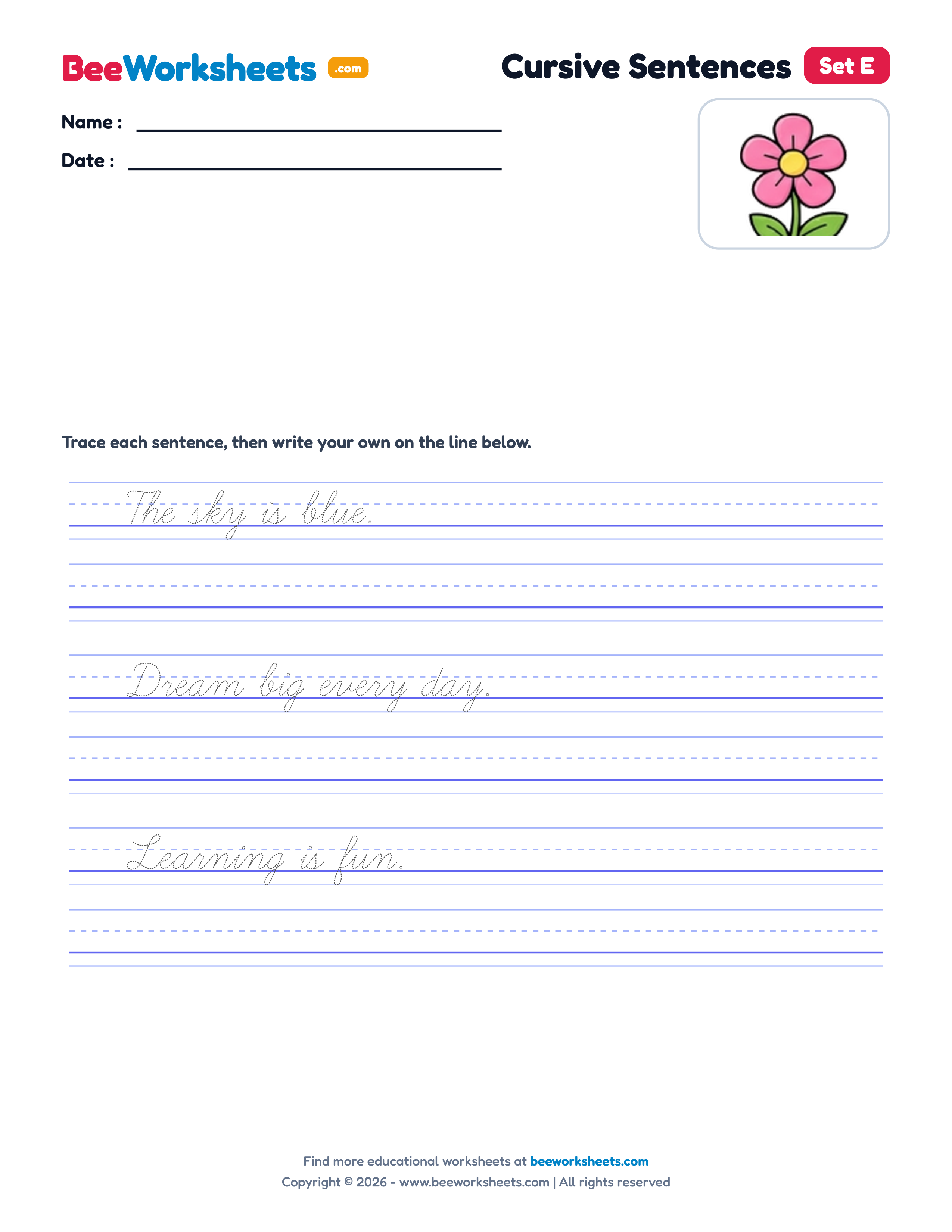 Cursive Simple Sentences Practice (Set E) Handwriting Worksheet Preview